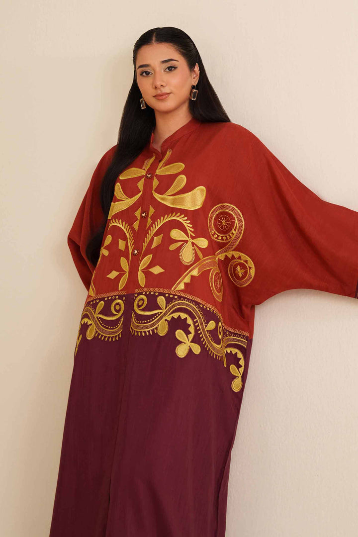 NishatUK - Maroon Solids Silk 1-piece ready to wear Long Dress