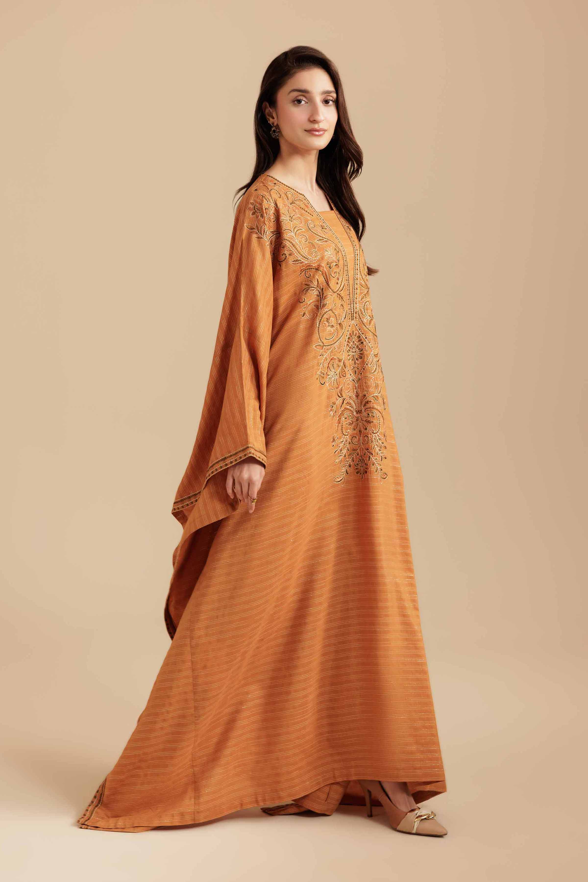 NishatUK - Mustard Embroidered Fancy Stripe 1-piece ready to wear Fustan