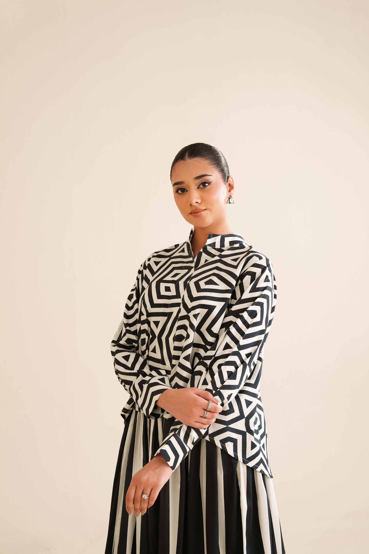 NishatUK - Black & White Printed Sateen 2-piece ready to wear Dress