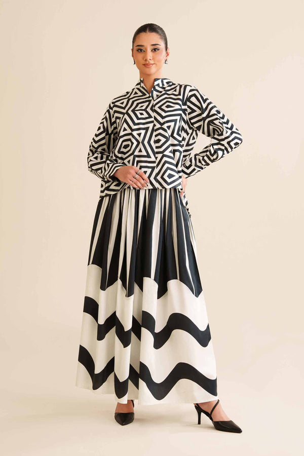 NishatUK - Black & White Printed Sateen 2-piece ready to wear Dress