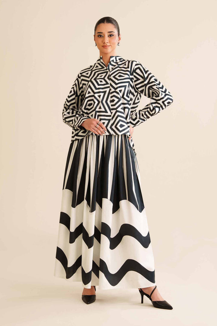 NishatUK - Black & White Printed Sateen 2-piece ready to wear Dress