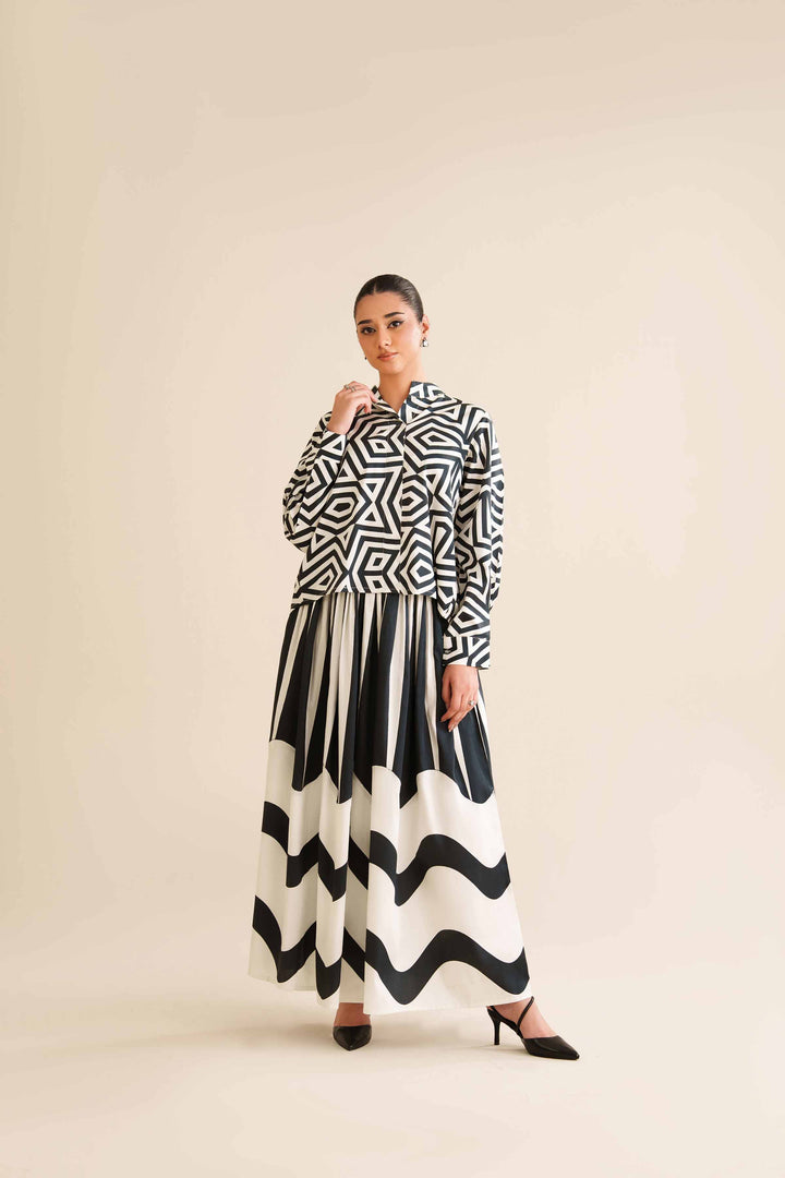NishatUK - Black & White Printed Sateen 2-piece ready to wear Dress