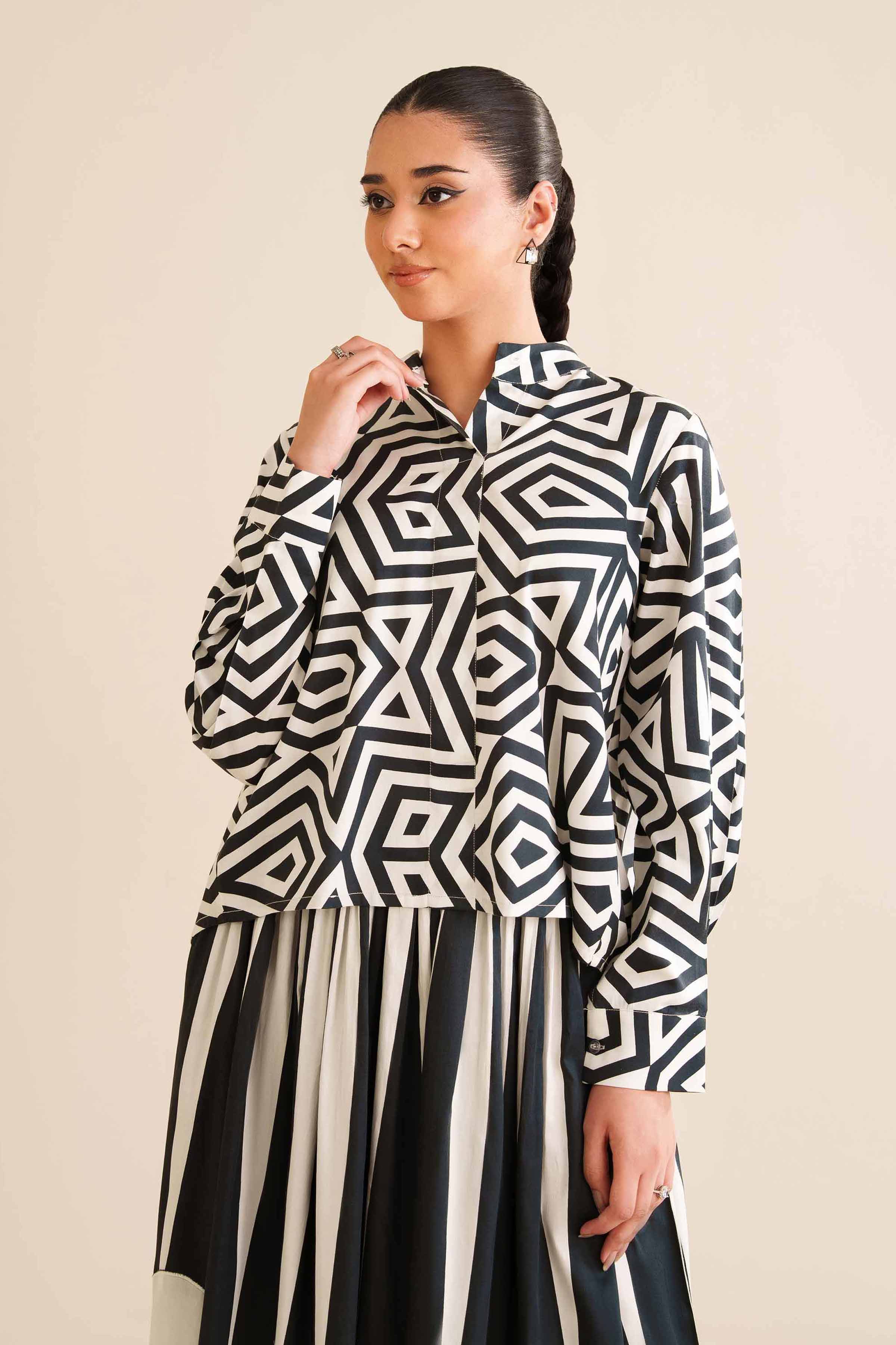 NishatUK - Black & White Printed Sateen 2-piece ready to wear Dress