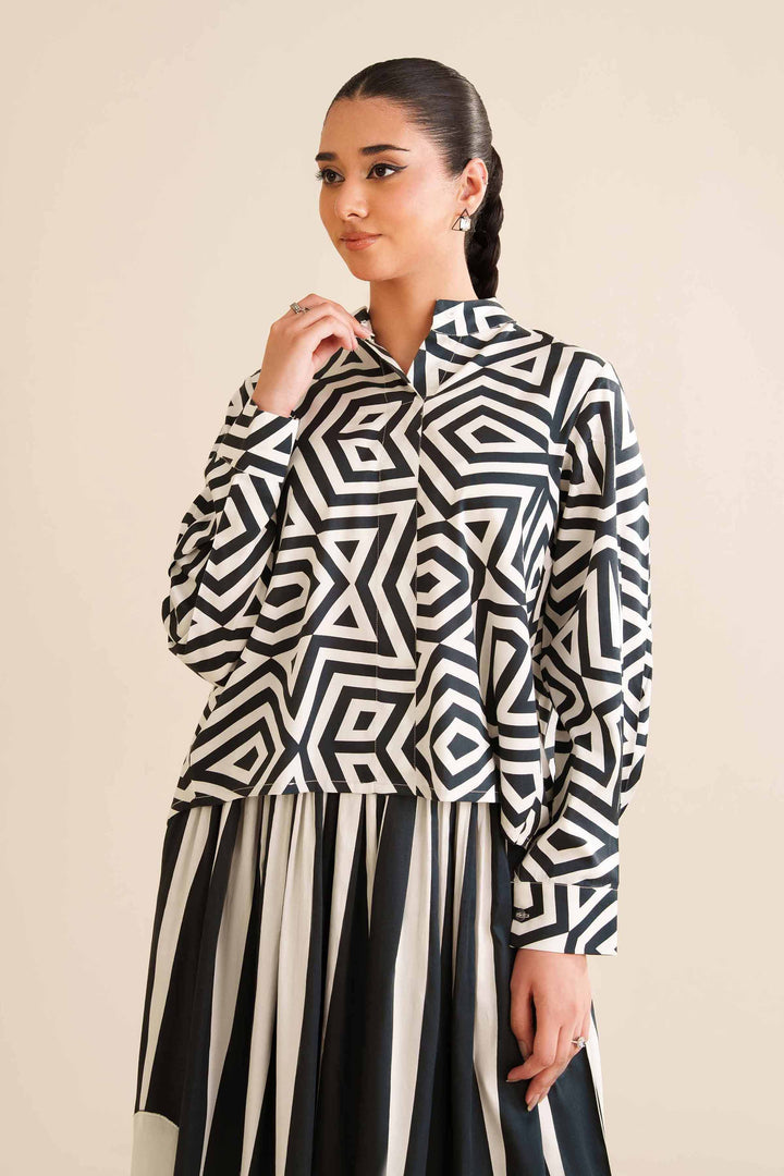 NishatUK - Black & White Printed Sateen 2-piece ready to wear Dress