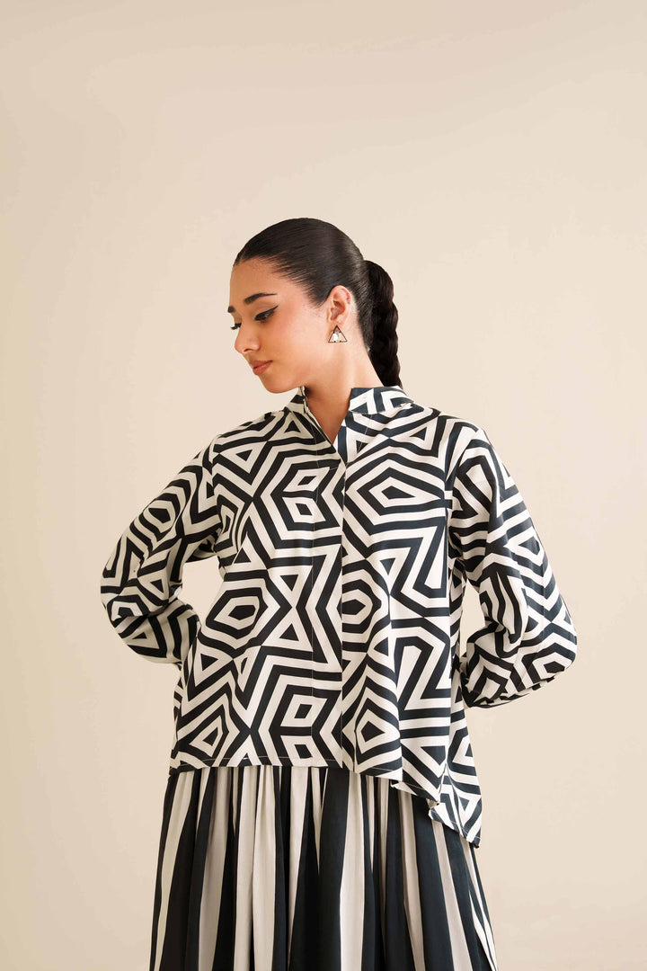 NishatUK - Black & White Printed Sateen 2-piece ready to wear Dress