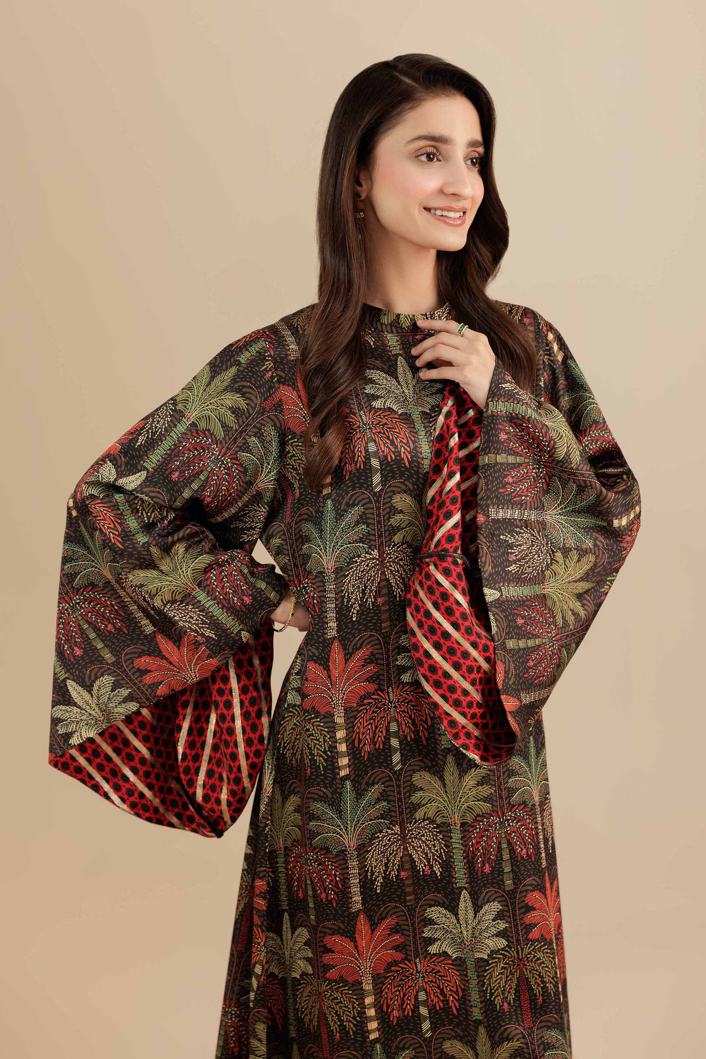 NishatUK - Green Printed Silk 1-piece ready to wear Long Dress