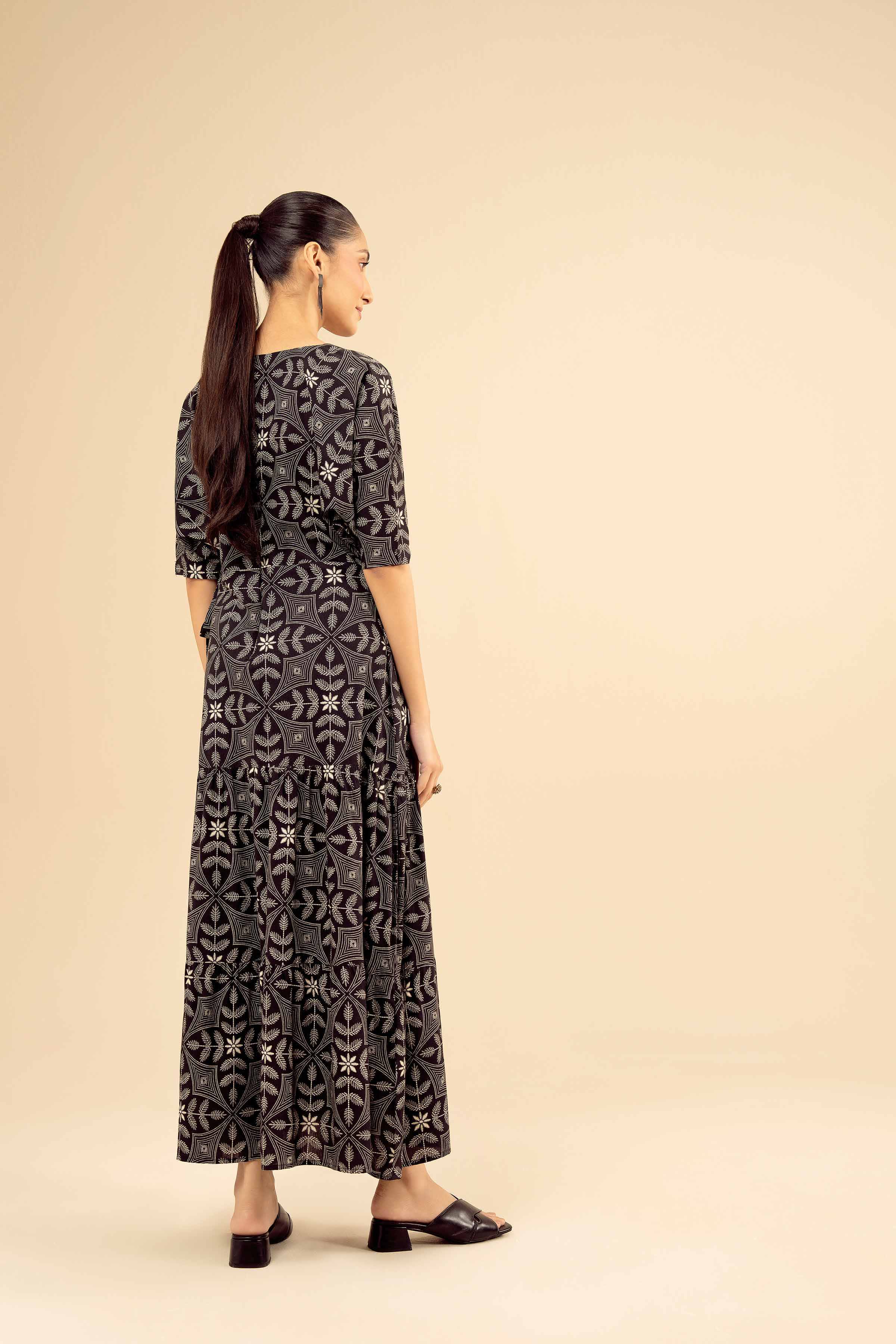 NishatUK - Black Printed Cotton 1-piece ready to wear Fustan