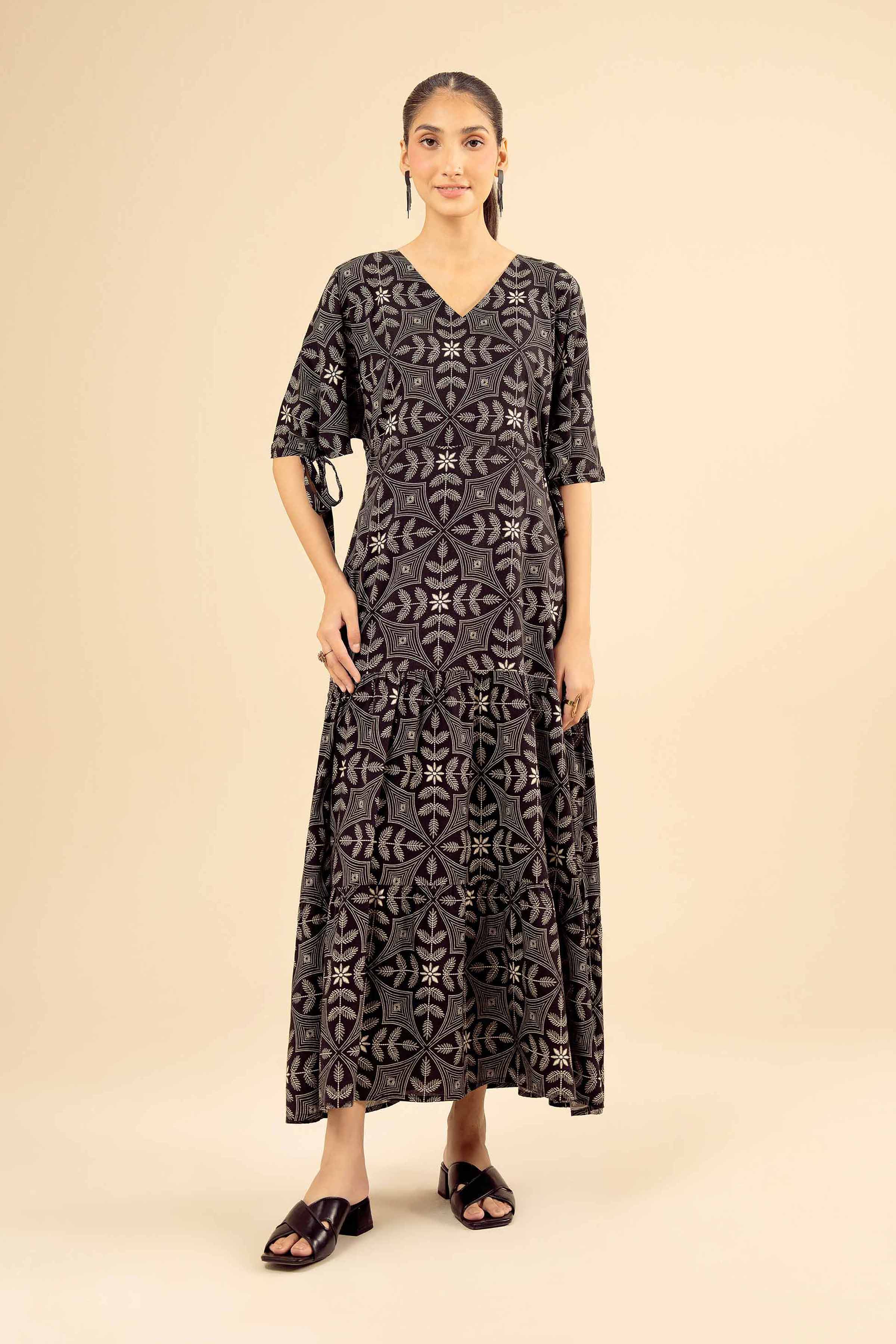NishatUK - Black Printed Cotton 1-piece ready to wear Fustan