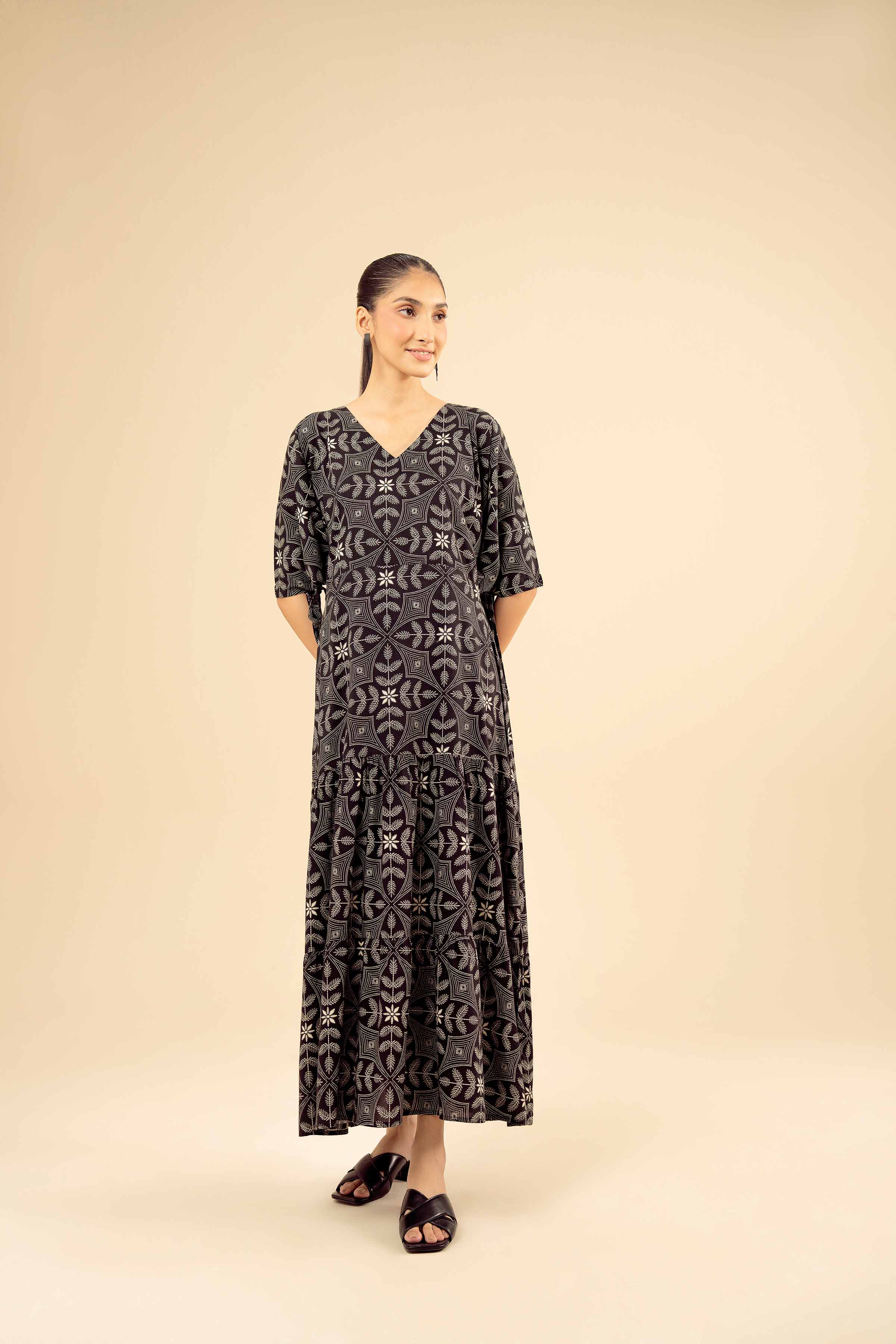 NishatUK - Black Printed Cotton 1-piece ready to wear Fustan