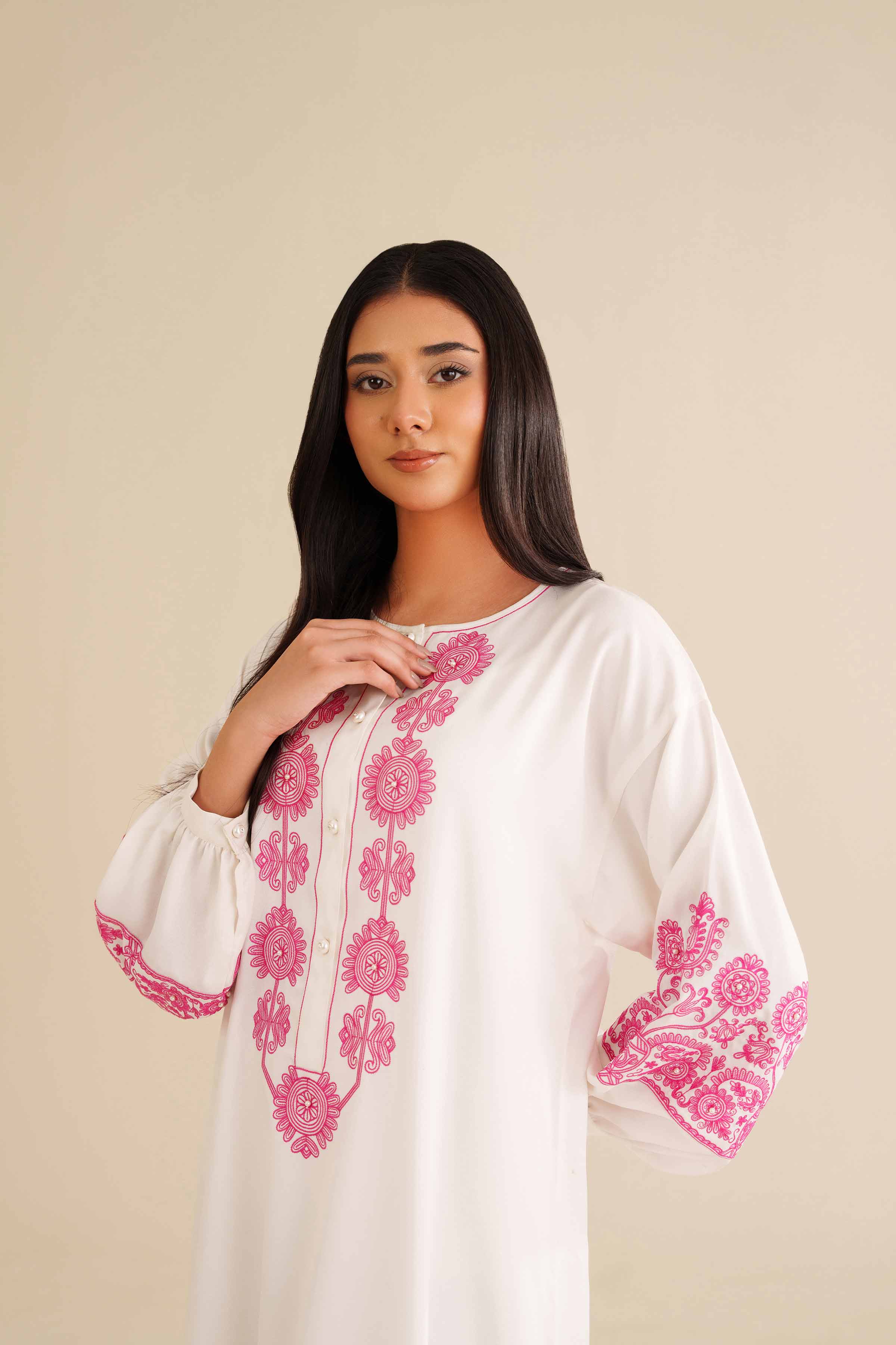 NishatUK - White Embroidered Crepe 1-piece ready to wear Fustan
