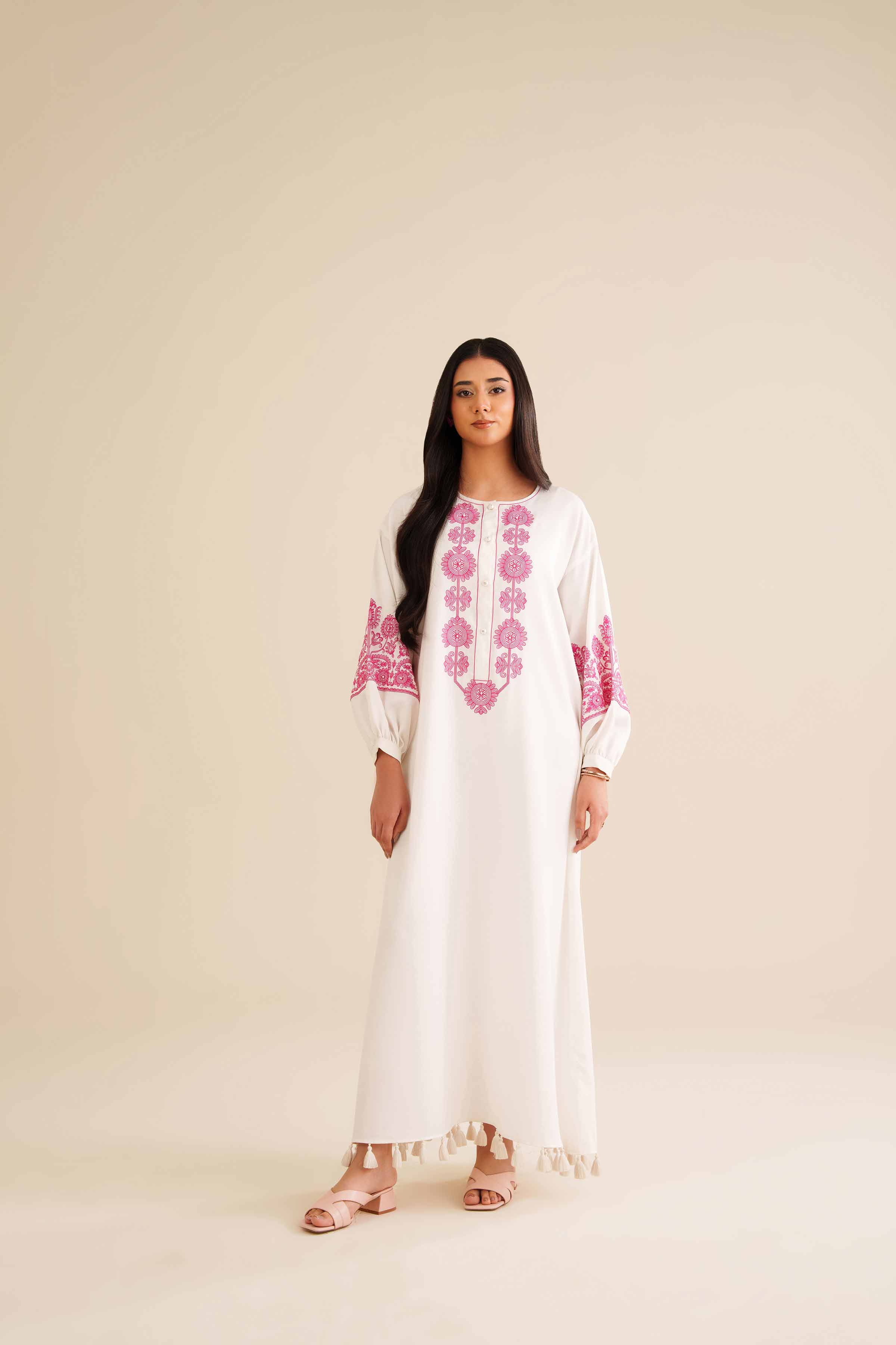 NishatUK - White Embroidered Crepe 1-piece ready to wear Fustan