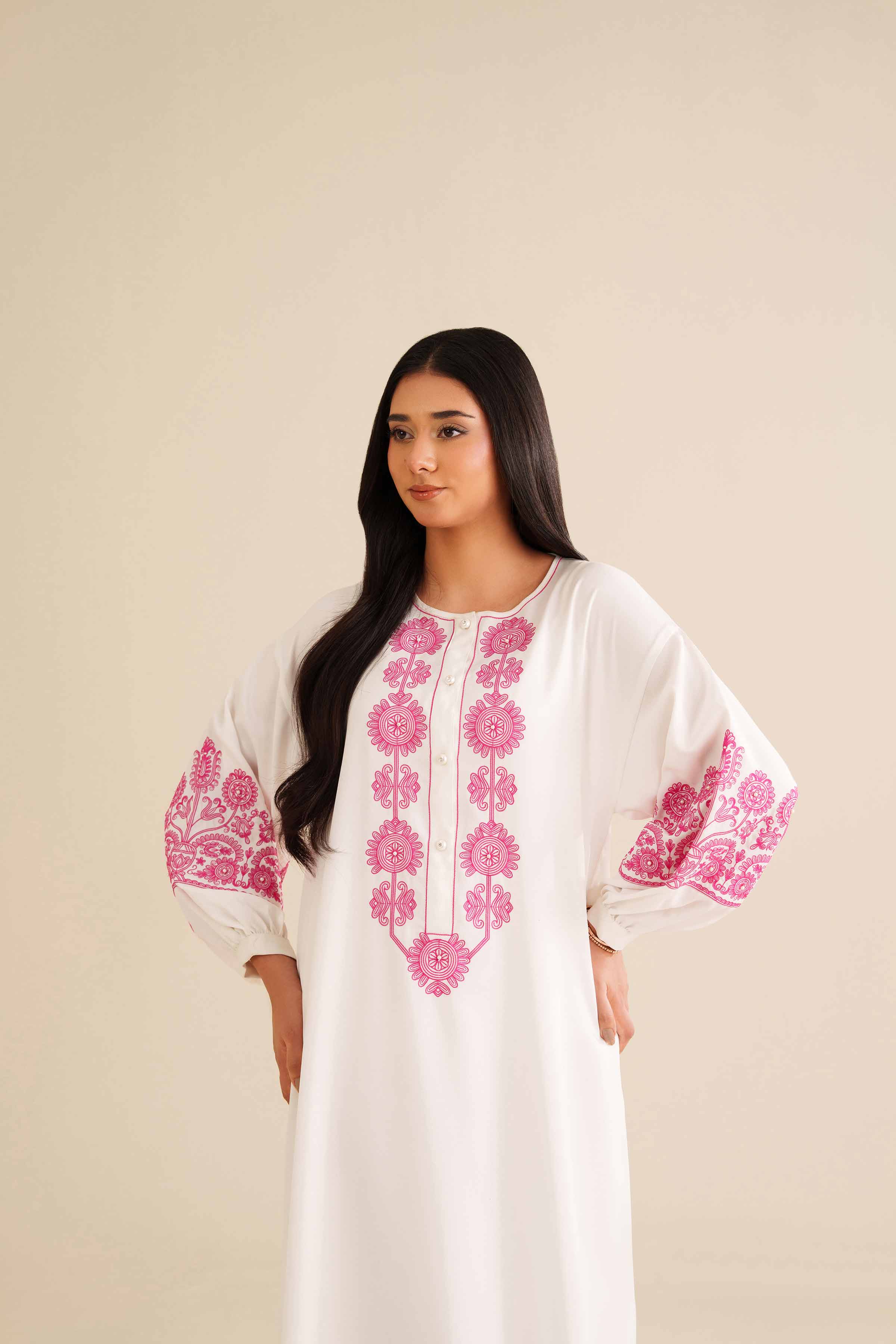 NishatUK - White Embroidered Crepe 1-piece ready to wear Fustan
