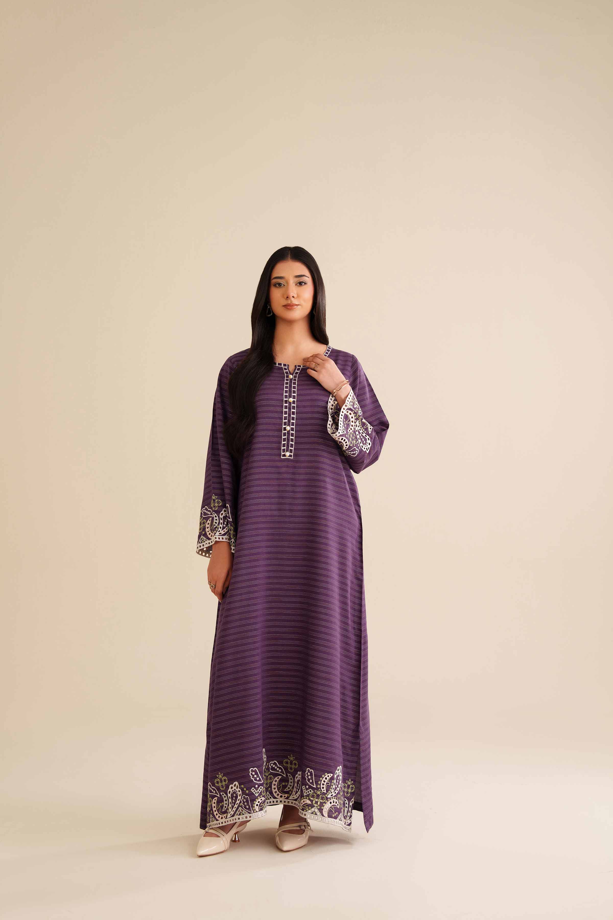 NishatUK - Purple  Fancy Stripe 1-piece ready to wear Long Dress