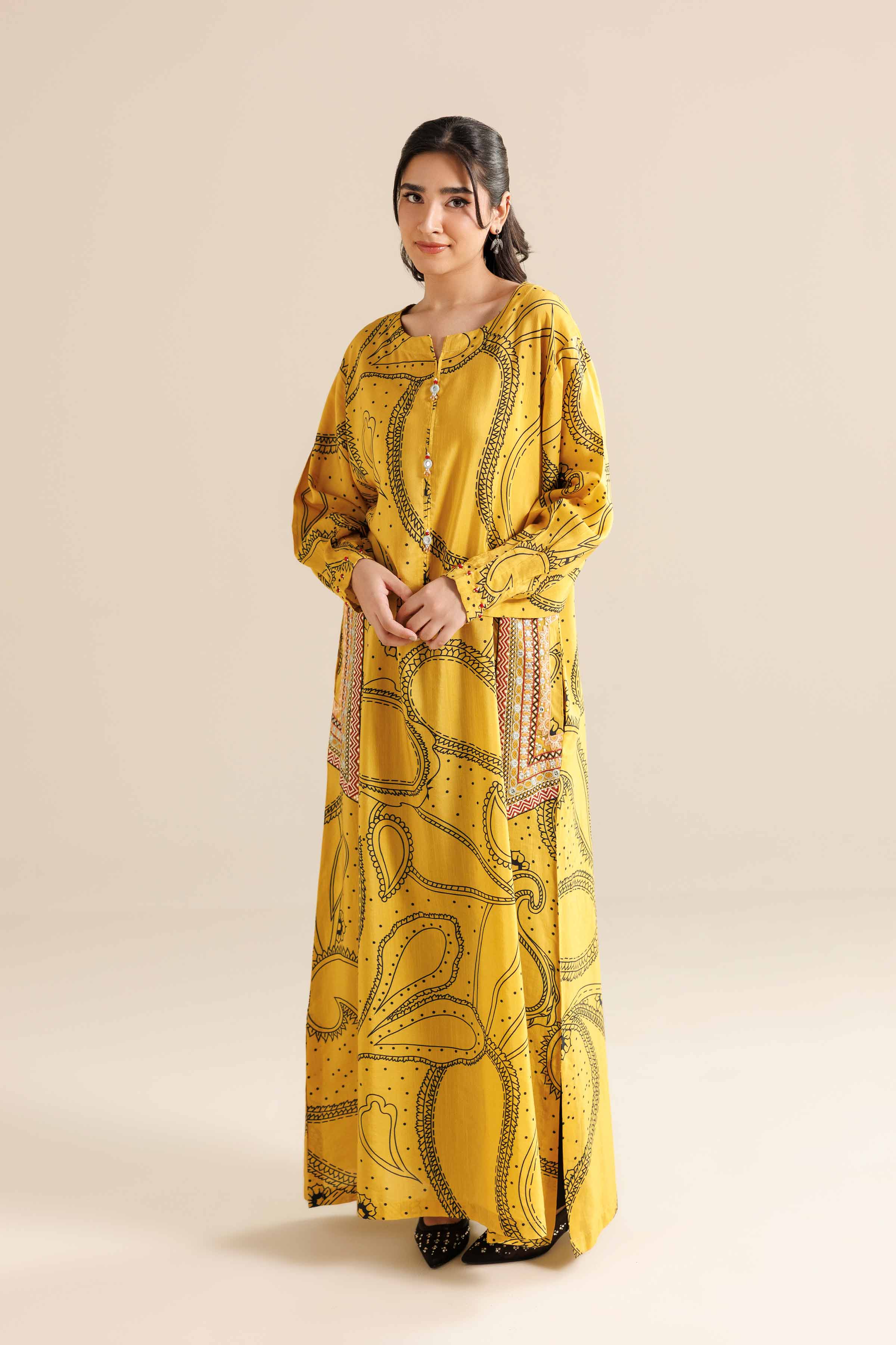 NishatUK - Yellow Embroidered Silk 1-piece ready to wear Long Dress