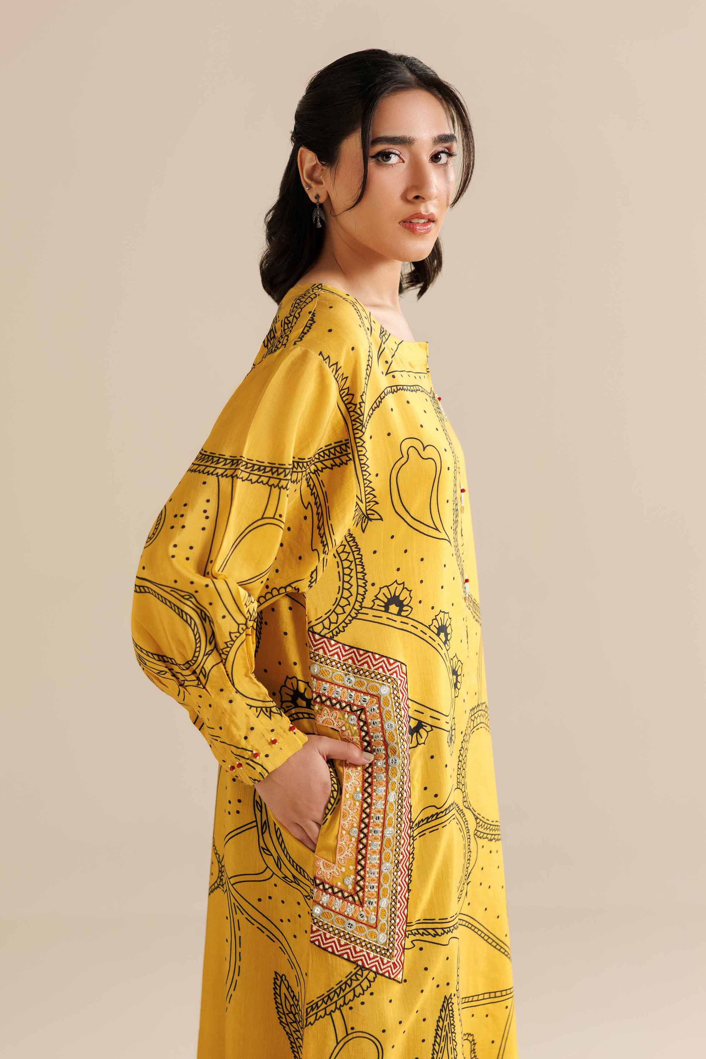 NishatUK - Yellow Embroidered Silk 1-piece ready to wear Long Dress