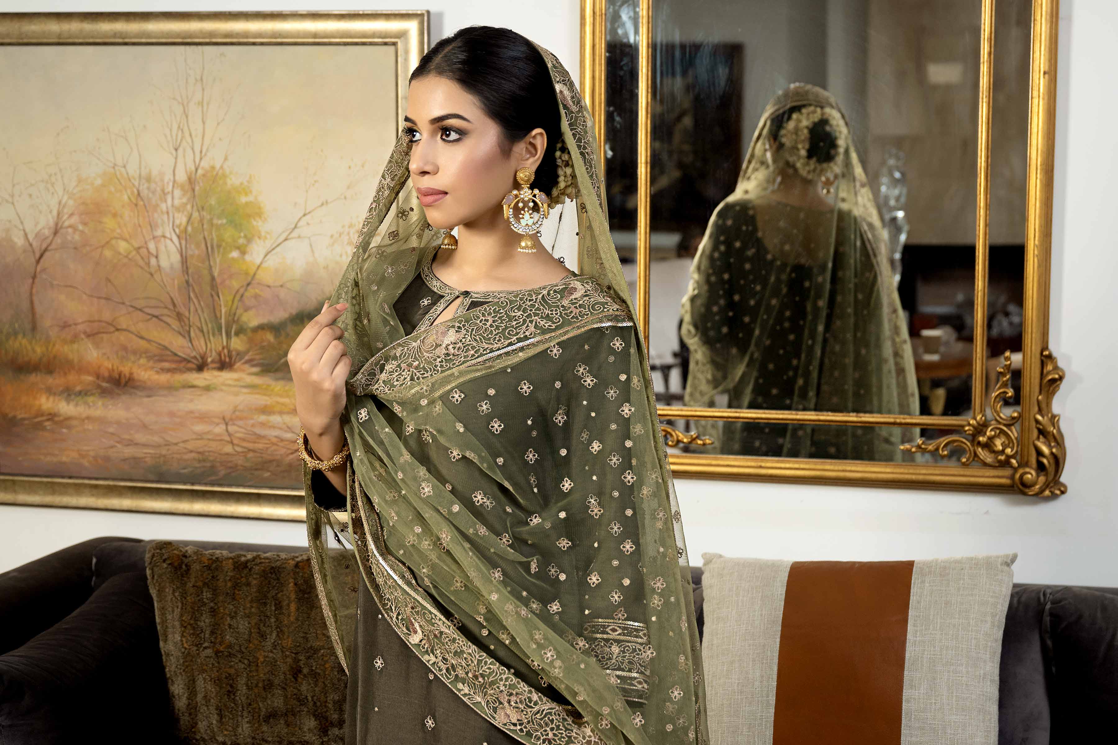 NishatUK - Olive Embroidered  Silk 3-piece ready to wear Suit