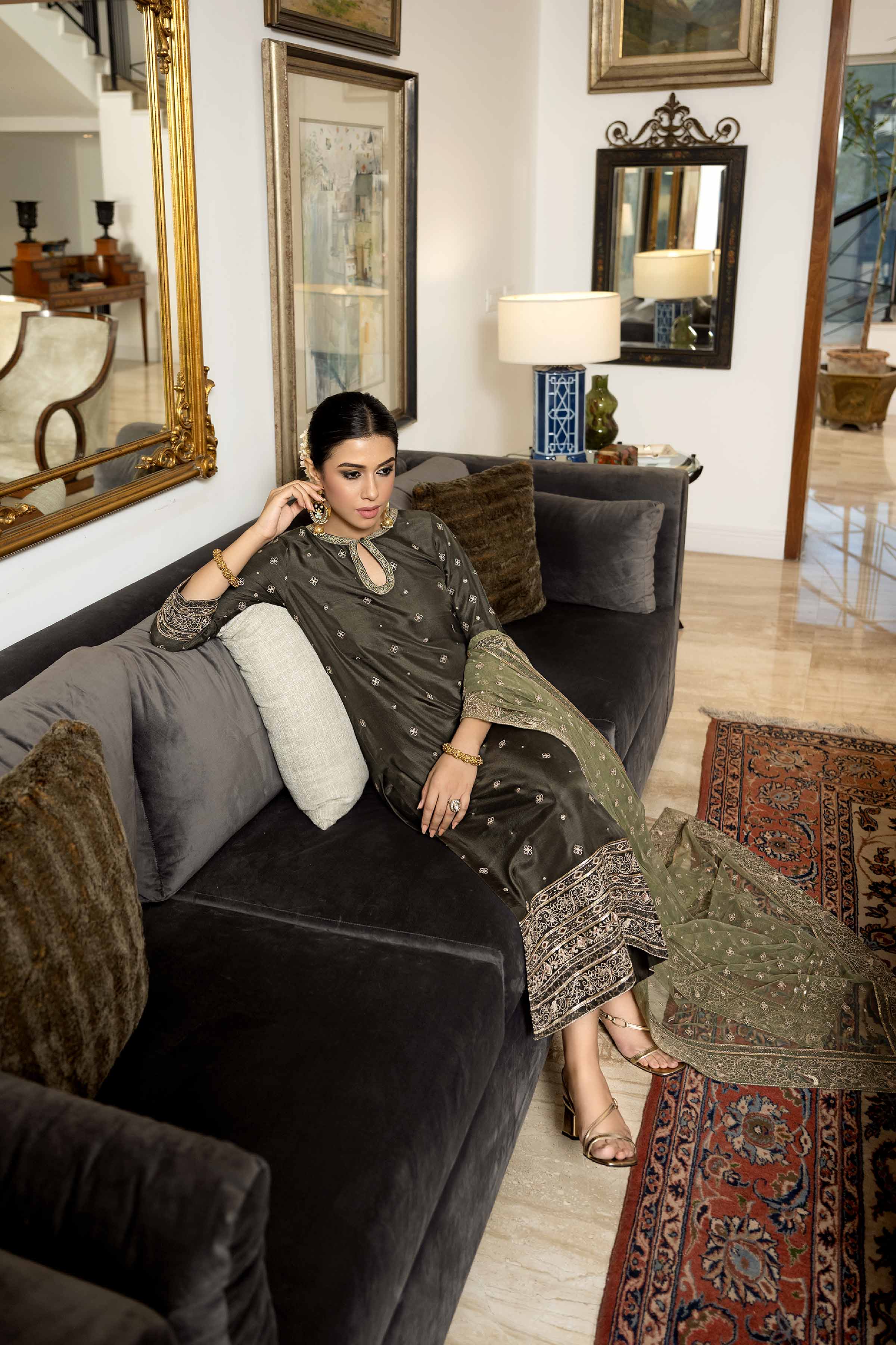 NishatUK - Olive Embroidered  Silk 3-piece ready to wear Suit