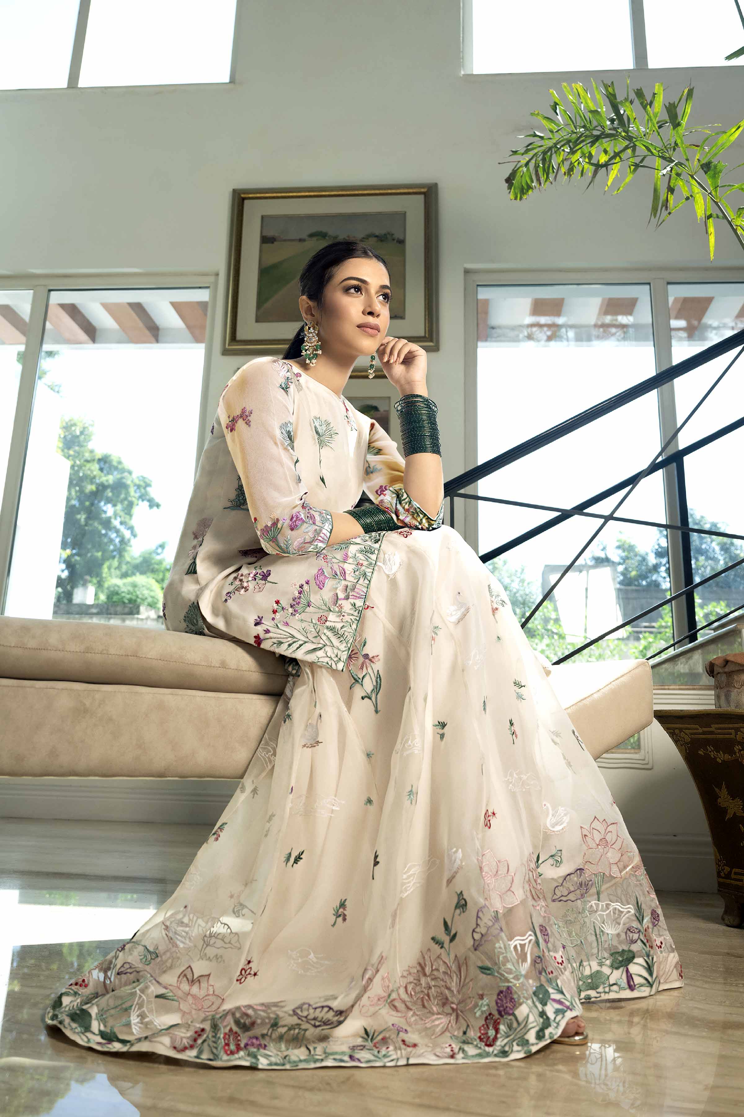 NishatUK - Off White Embroidered   Organza &Chiffon 2-piece ready to wear Dress