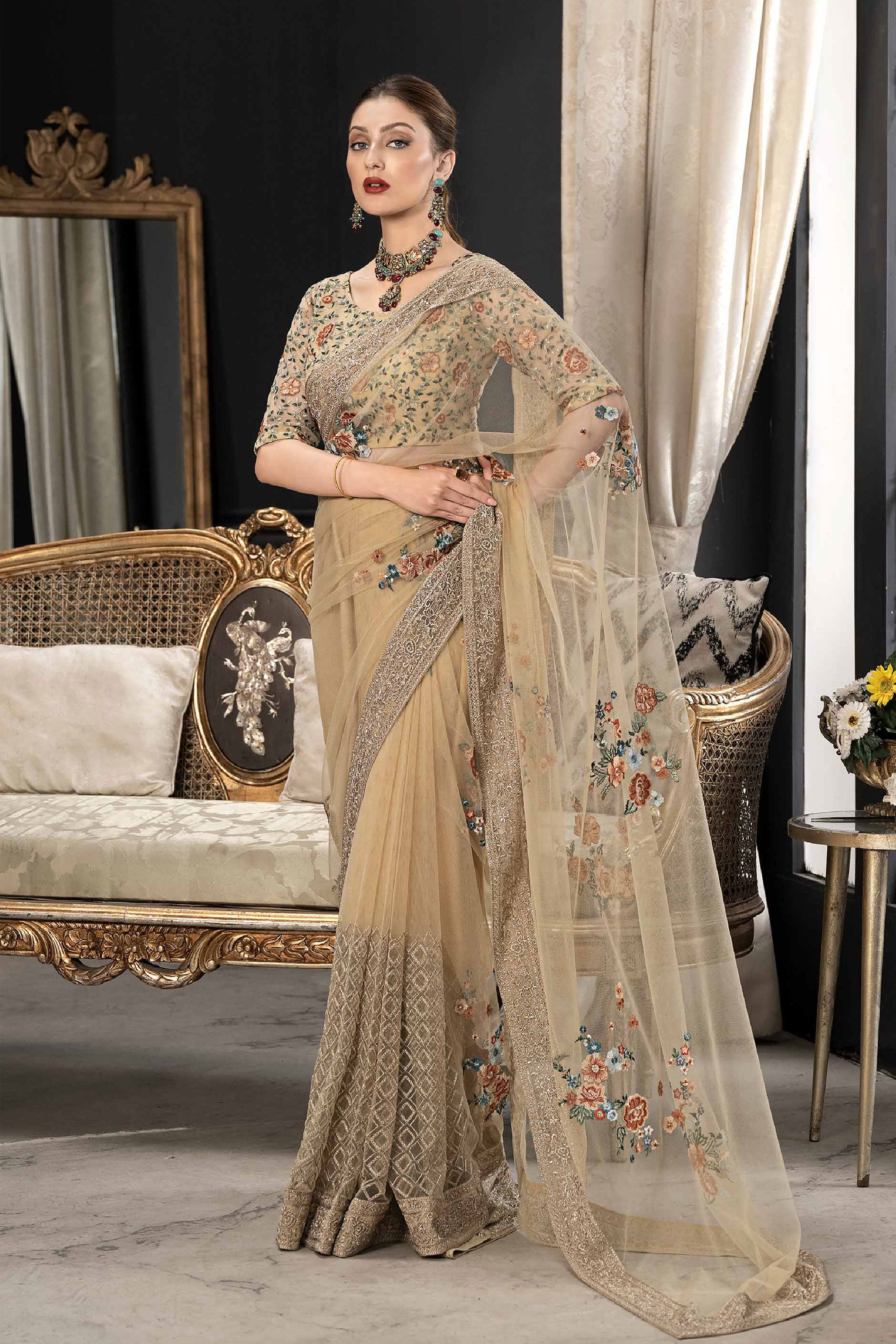 NishatUK - Brown Embroidered  Silk 1-piece ready to wear Saree