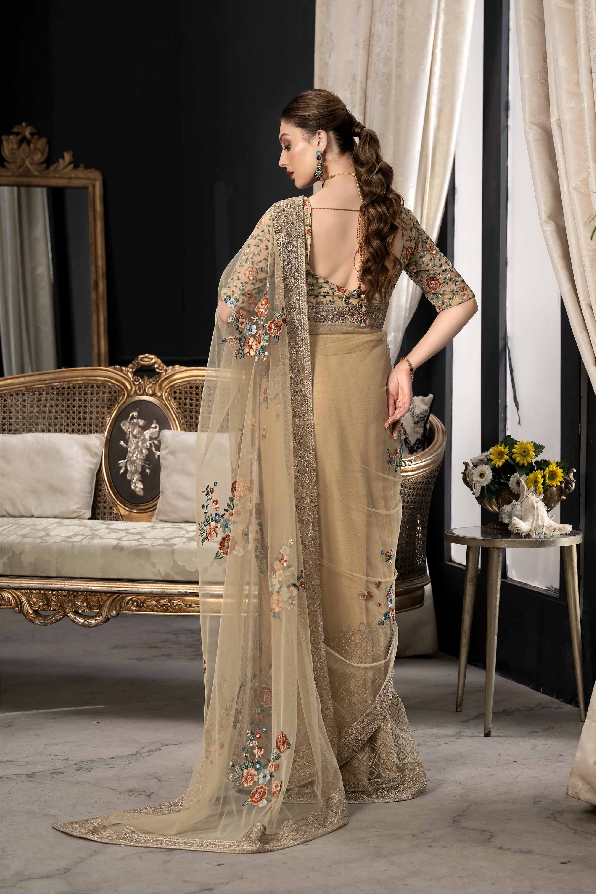 NishatUK - Brown Embroidered  Silk 1-piece ready to wear Saree