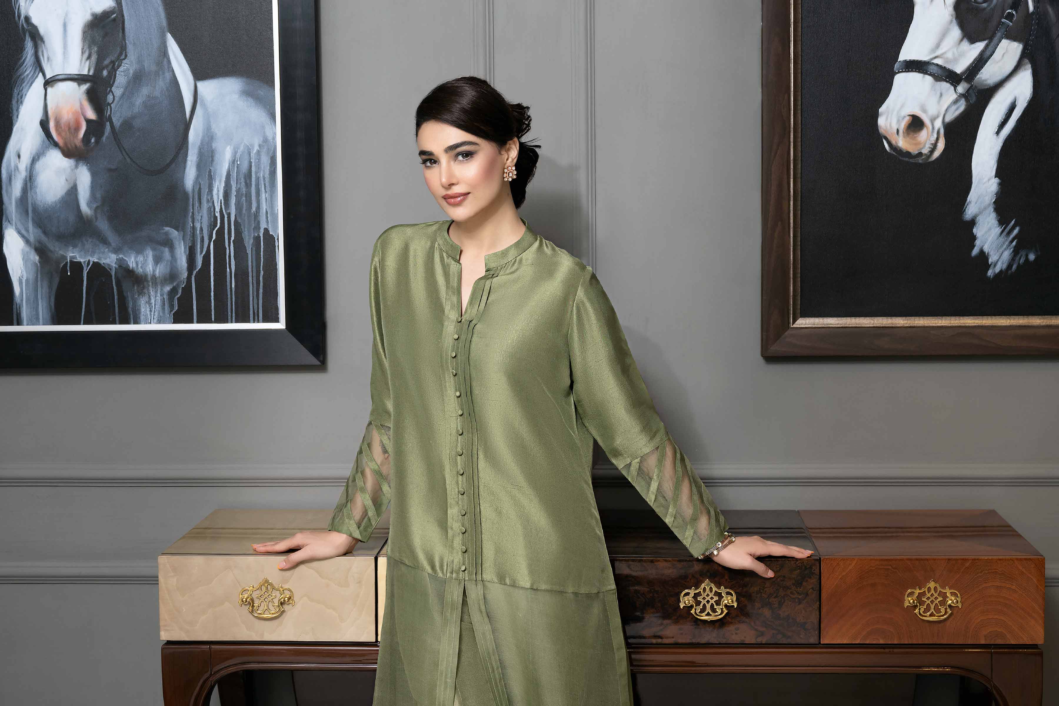 NishatUK - Brown Embroidered  Silk 2-piece ready to wear Dress