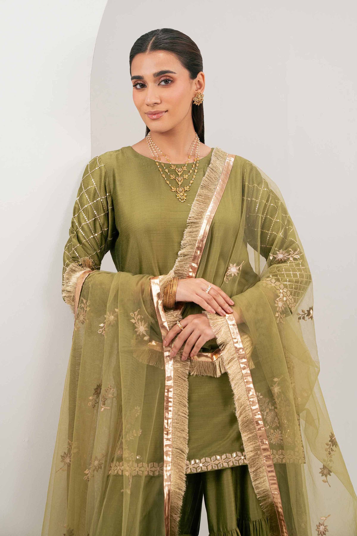 Nishat UK - Green Embroidered Silk 3 Pieces ready to wear Suit