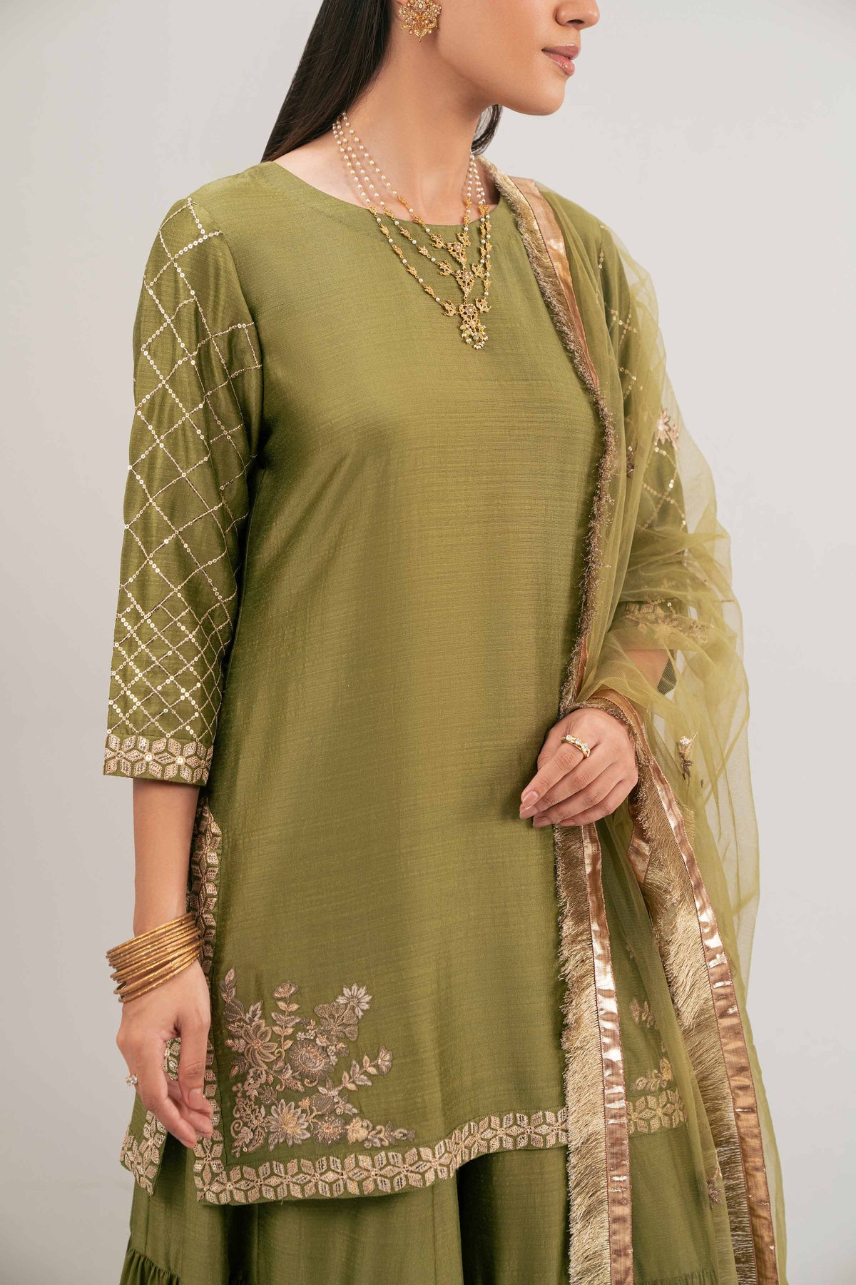 Nishat UK - Green Embroidered Silk 3 Pieces ready to wear Suit