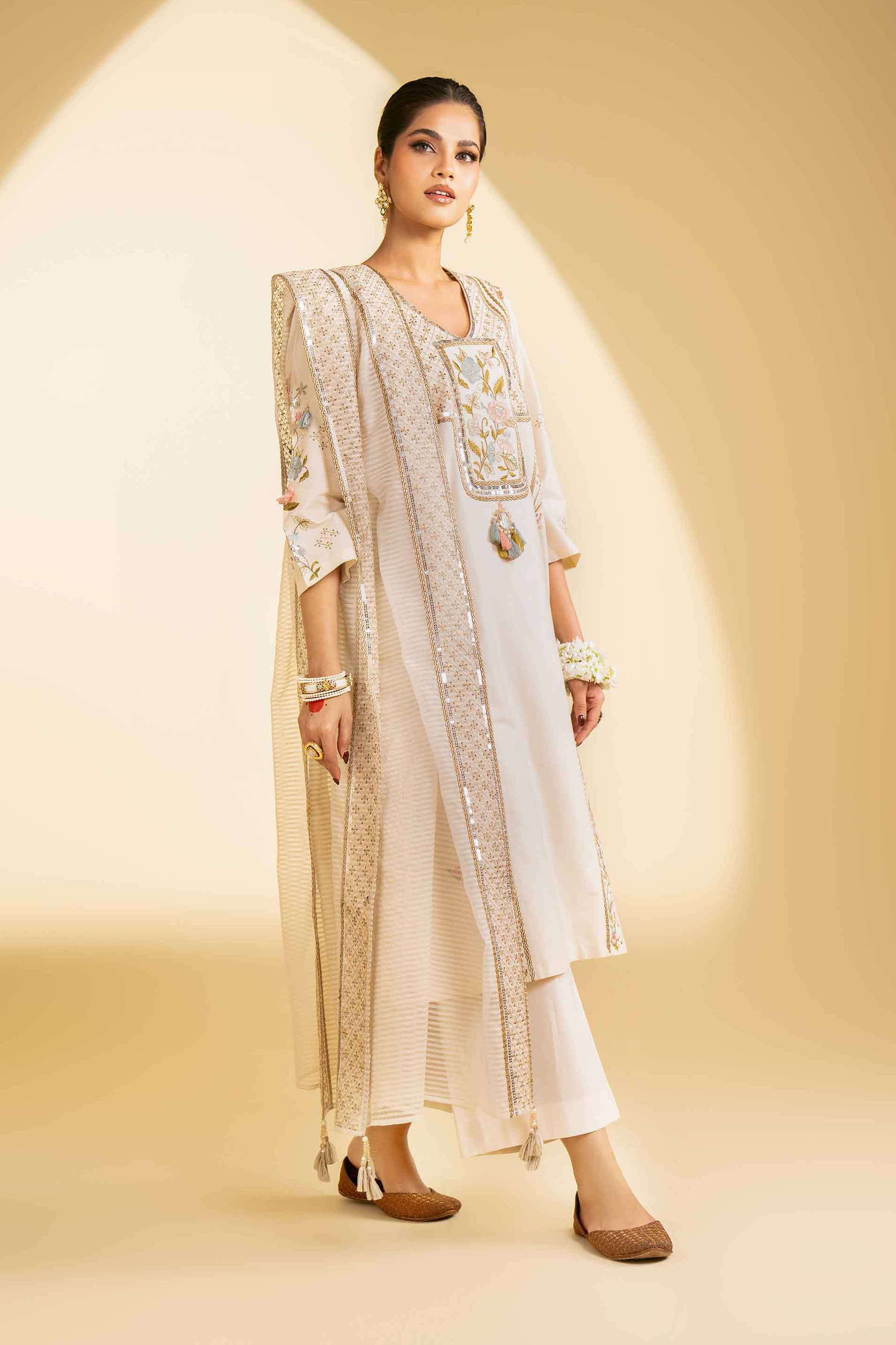 NishatUK - Beige Embroidered   Cambric 3-piece ready to wear Suit