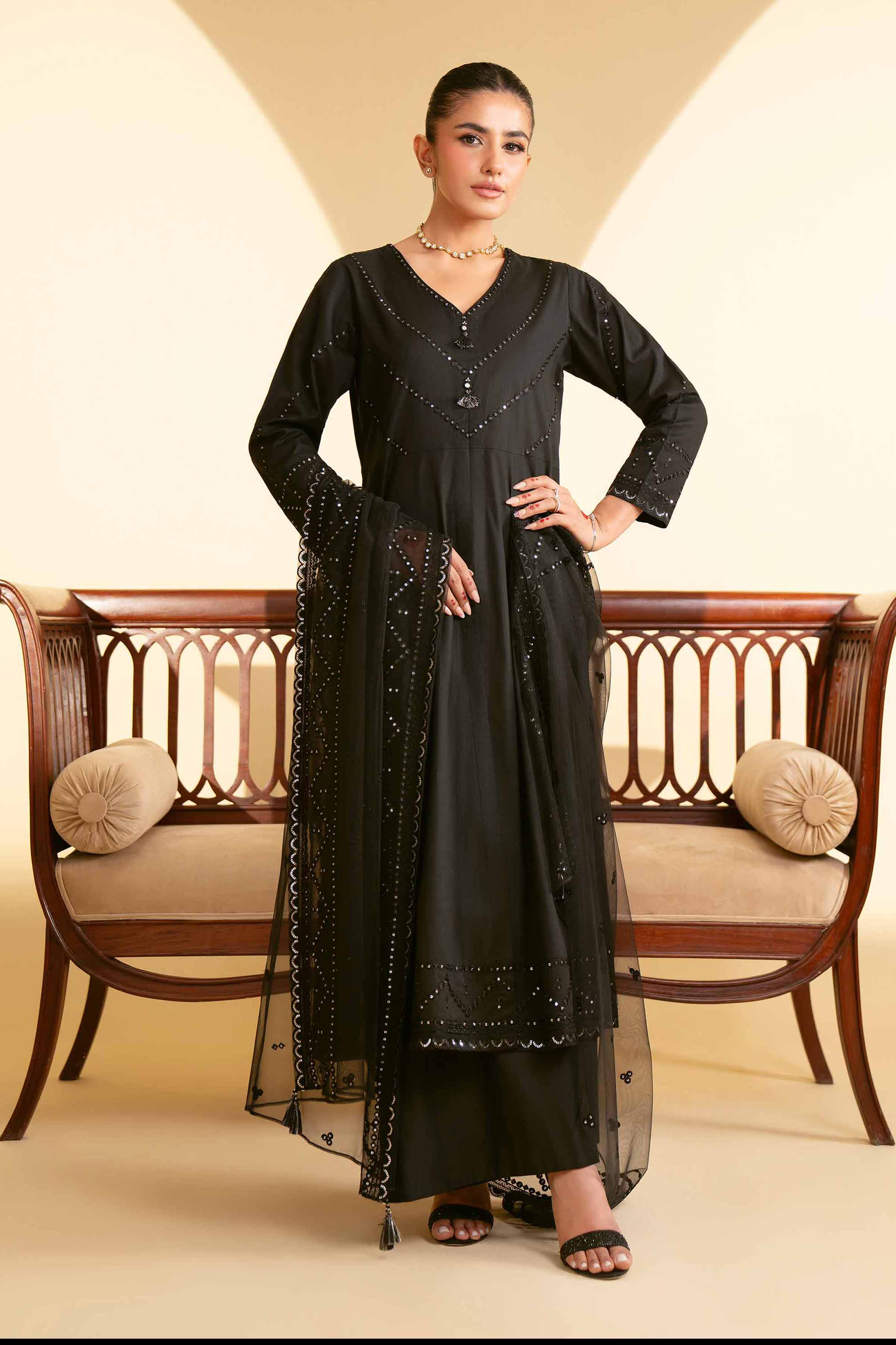 NishatUK - Black Embroidered   Cambric 3-piece ready to wear Suit