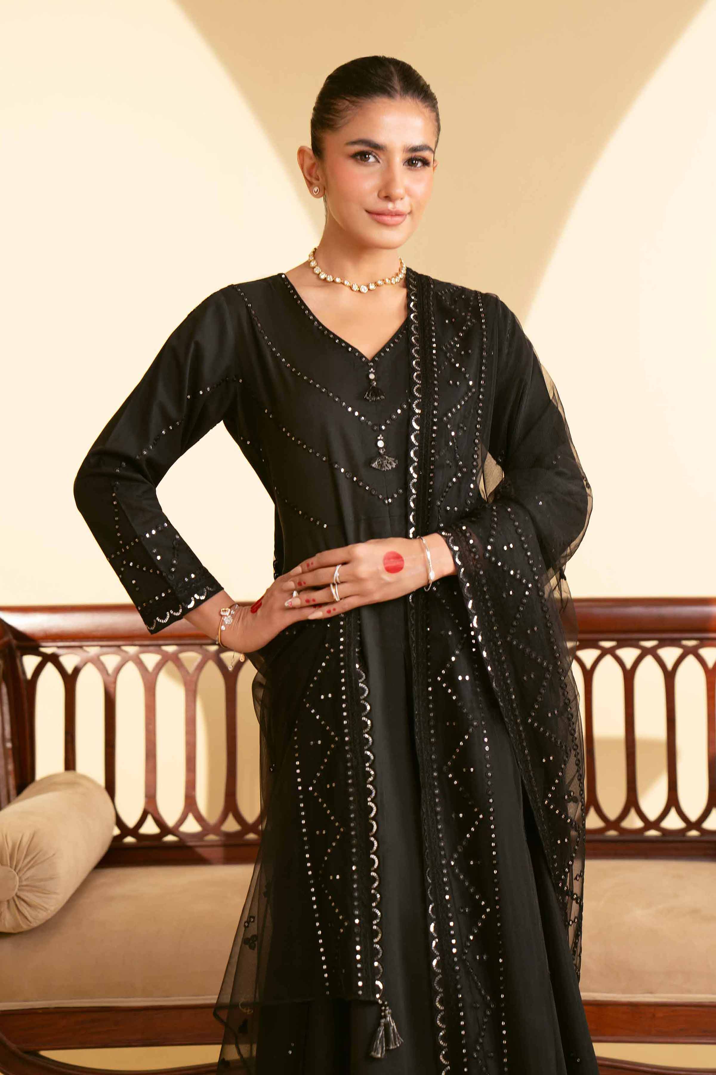 NishatUK - Black Embroidered   Cambric 3-piece ready to wear Suit