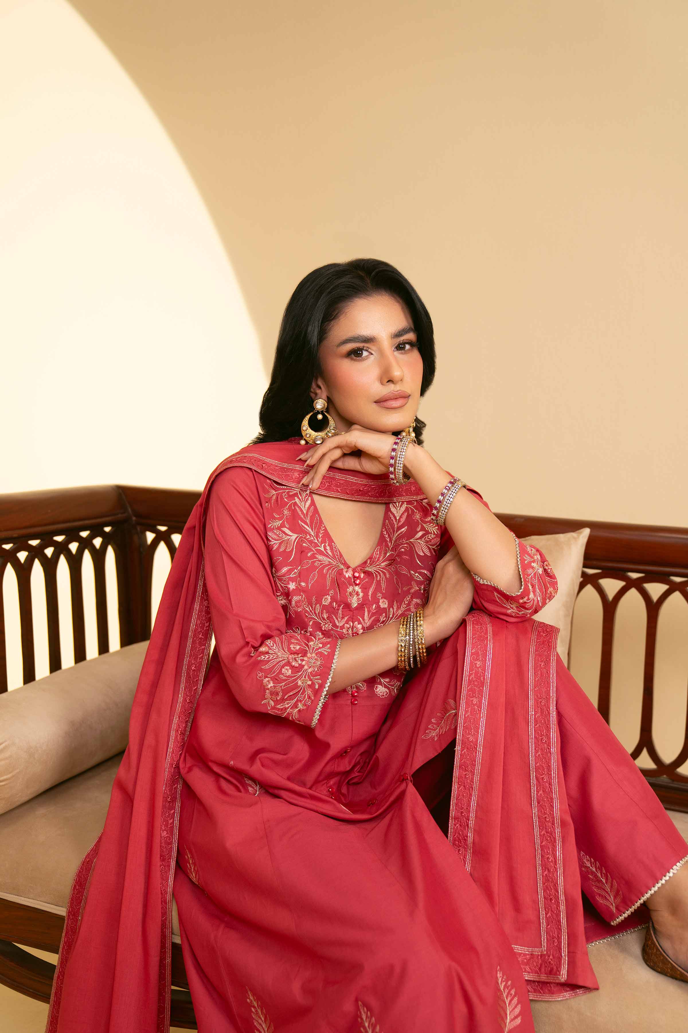 NishatUK - Red Embroidered  Lawn 3-piece ready to wear Suit
