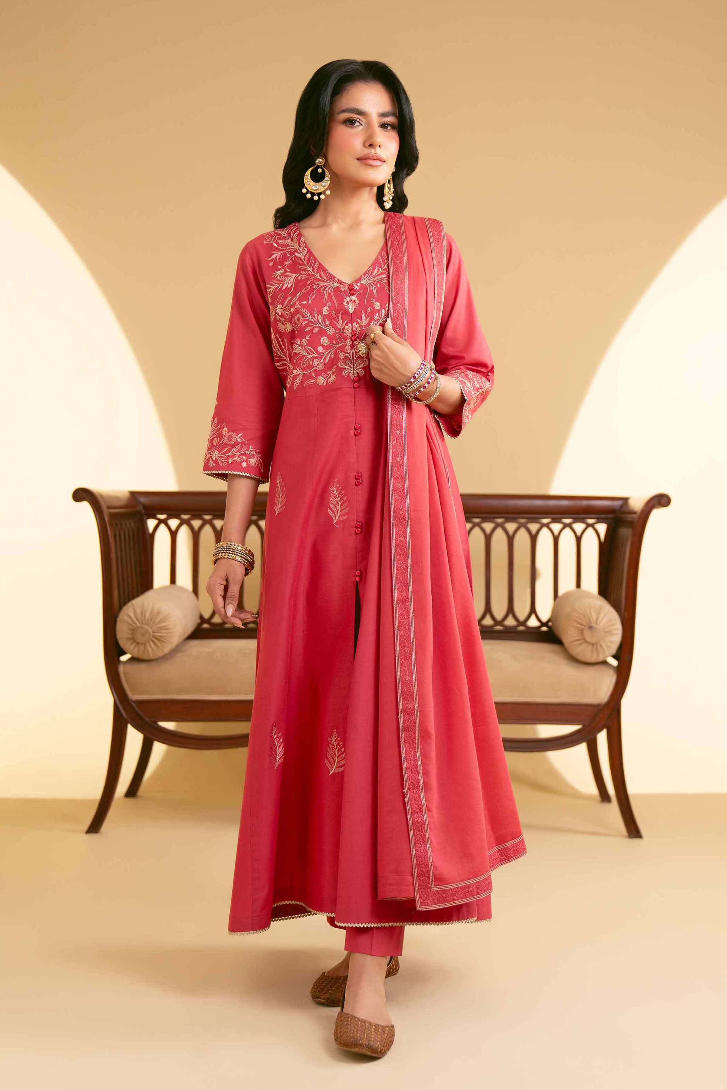 NishatUK - Red Embroidered  Lawn 3-piece ready to wear Suit