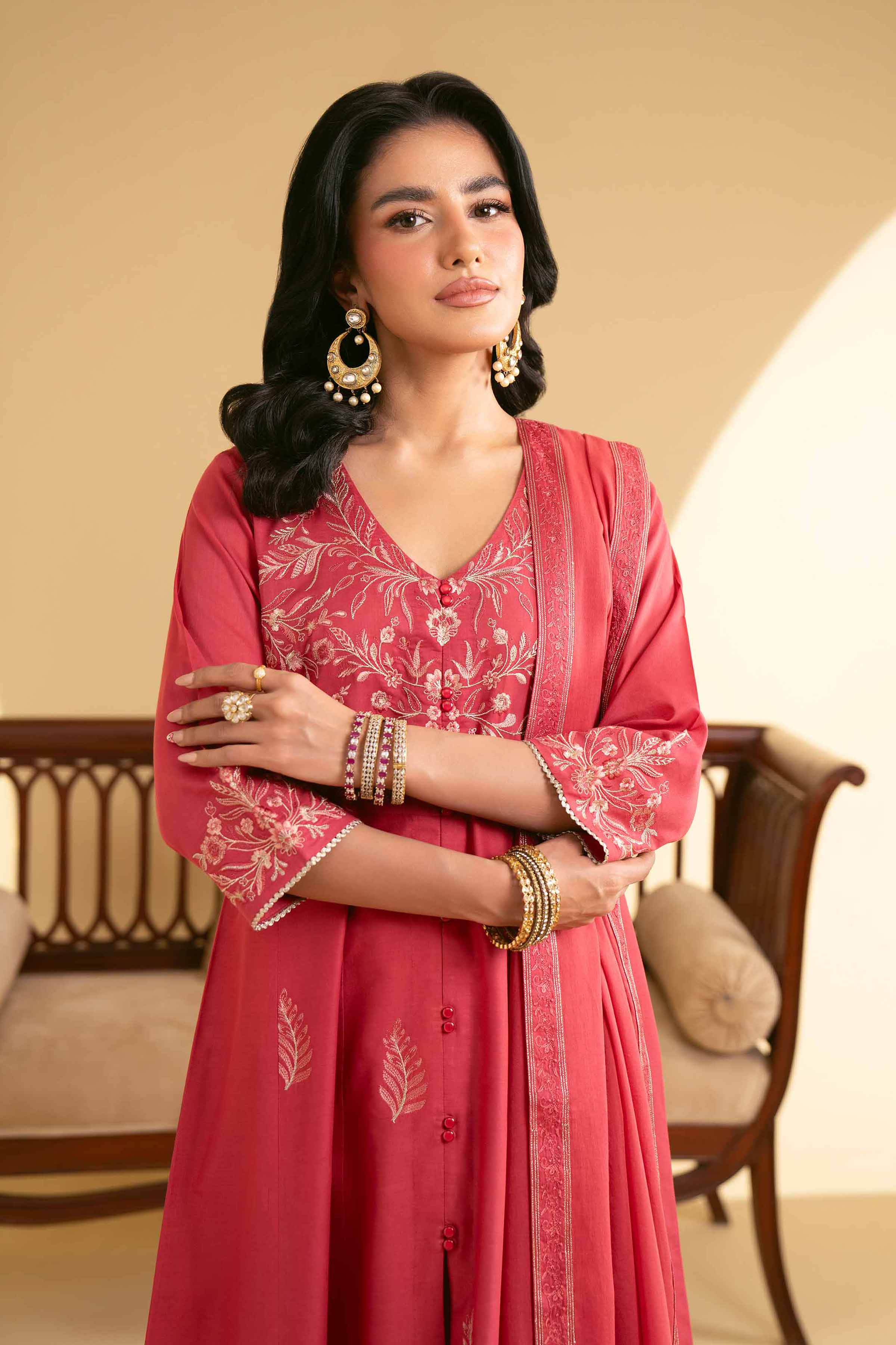 NishatUK - Red Embroidered  Lawn 3-piece ready to wear Suit