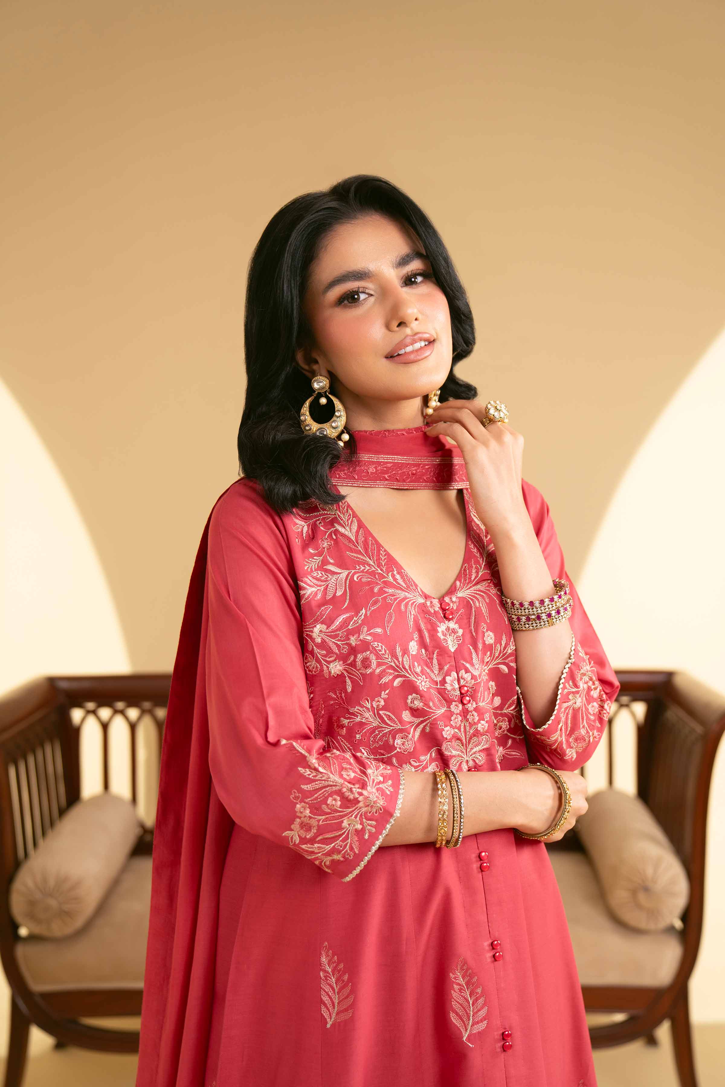 NishatUK - Red Embroidered  Lawn 3-piece ready to wear Suit
