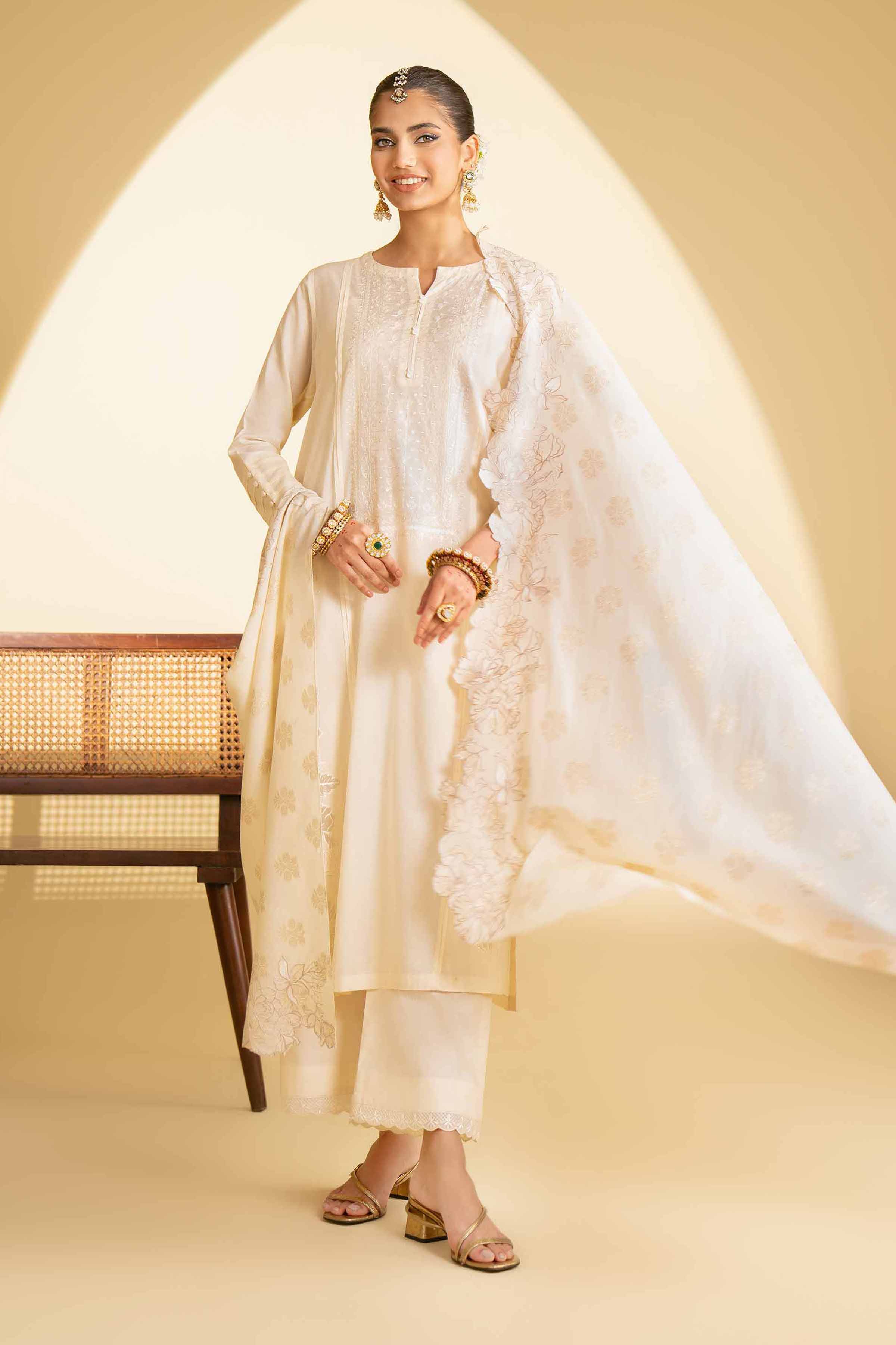 NishatUK - Beige Embroidered  Lawn 3-piece ready to wear Suit