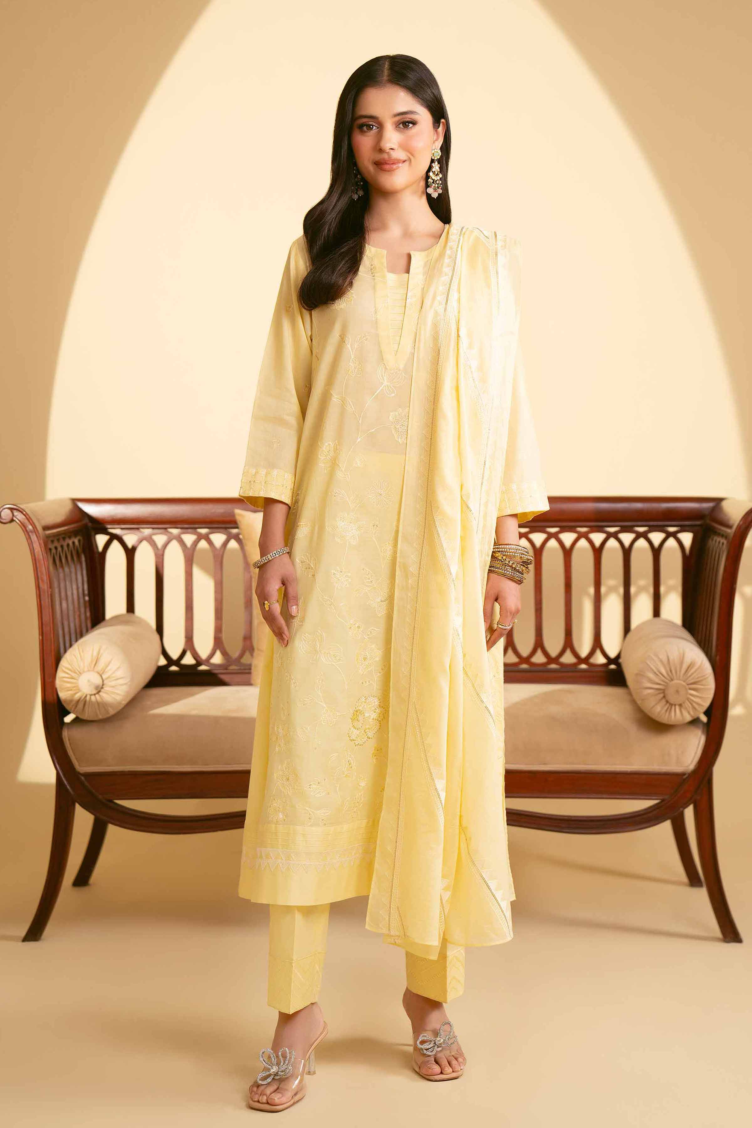 NishatUK - Yellow Embroidered  Lawn 3-piece ready to wear Suit
