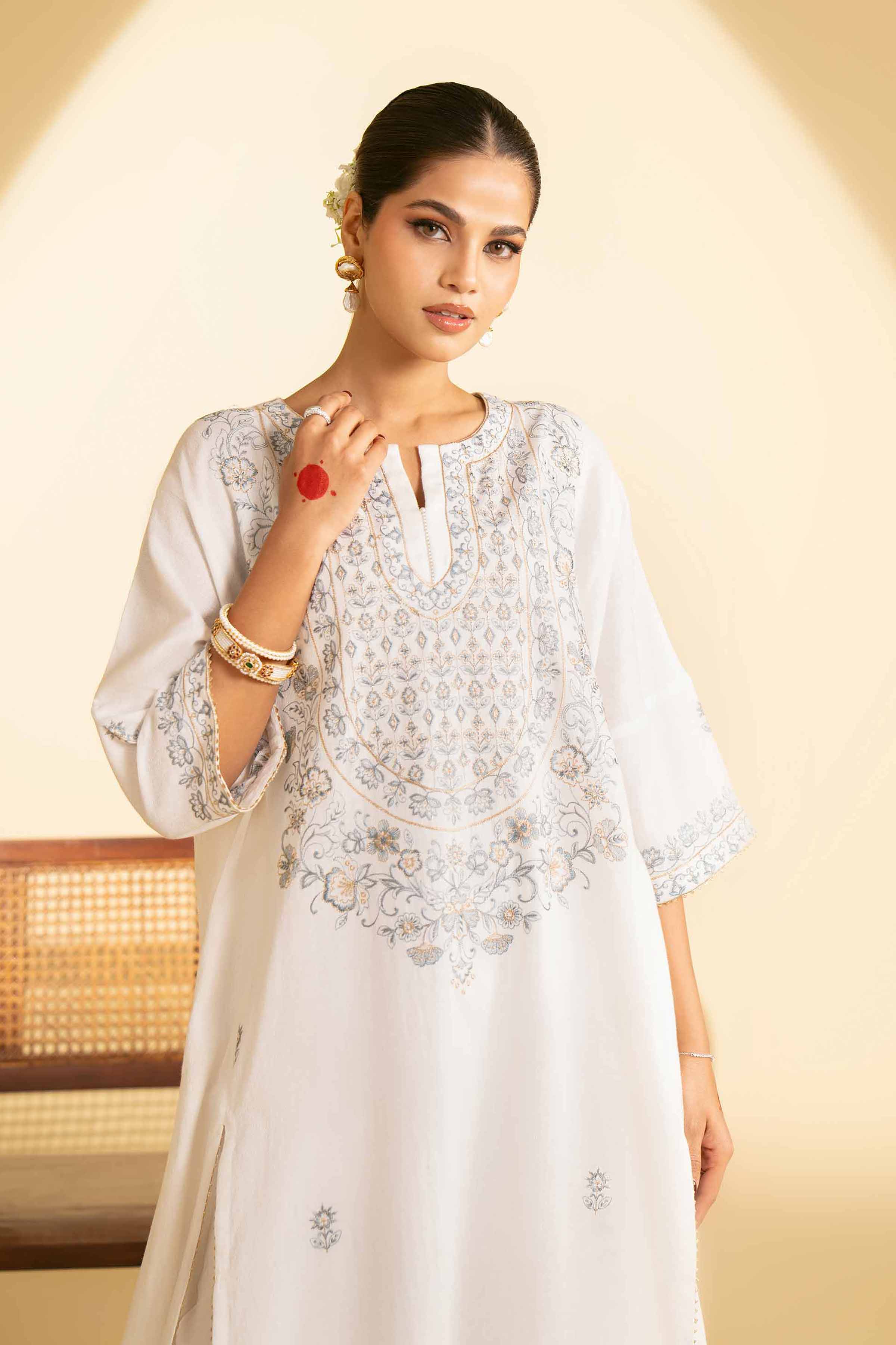 NishatUK - Off White Embroidered  Cotton 1-piece ready to wear Luxury Dress