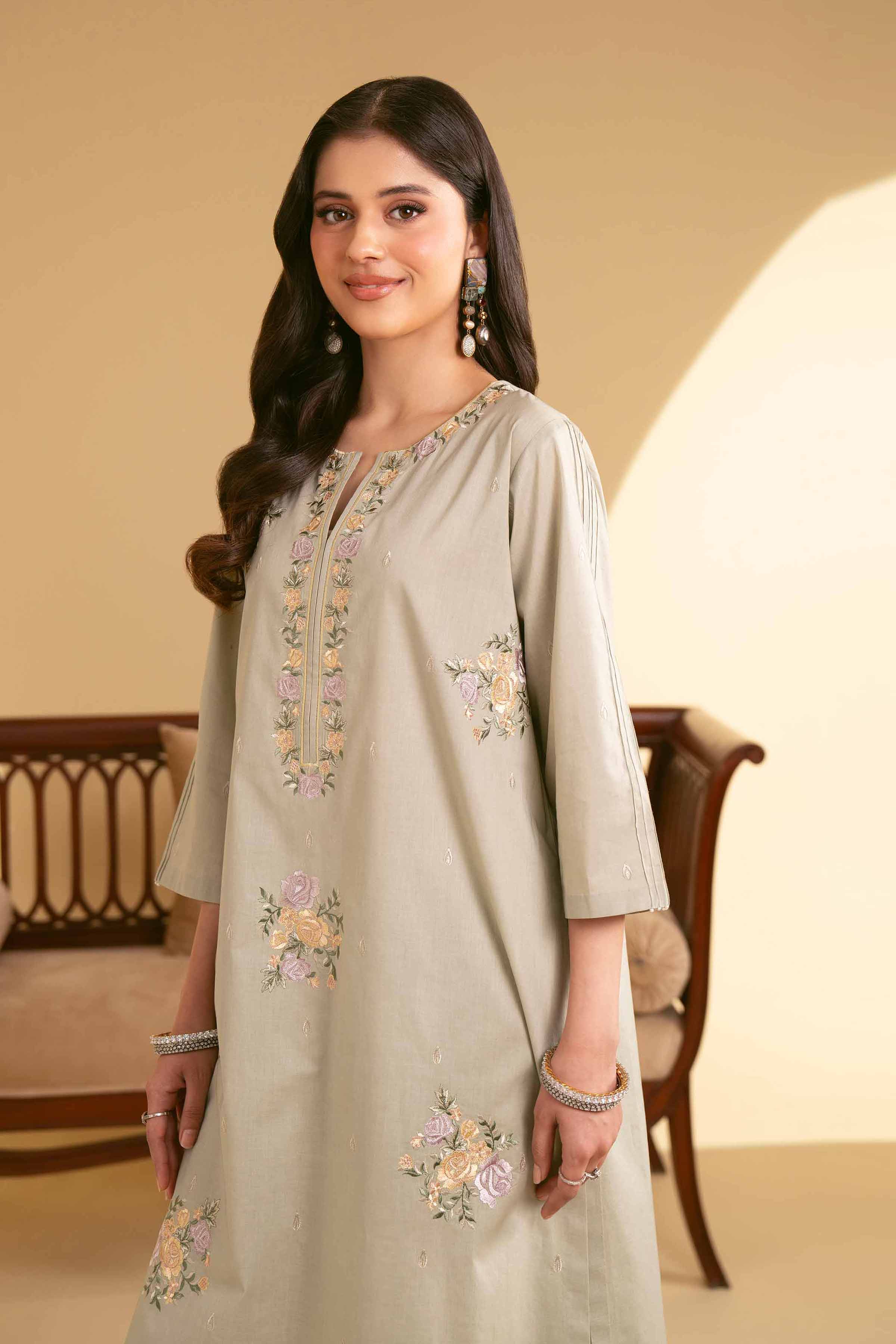NishatUK - Green Embroidered   Cambric 2-piece ready to wear Luxury Dress