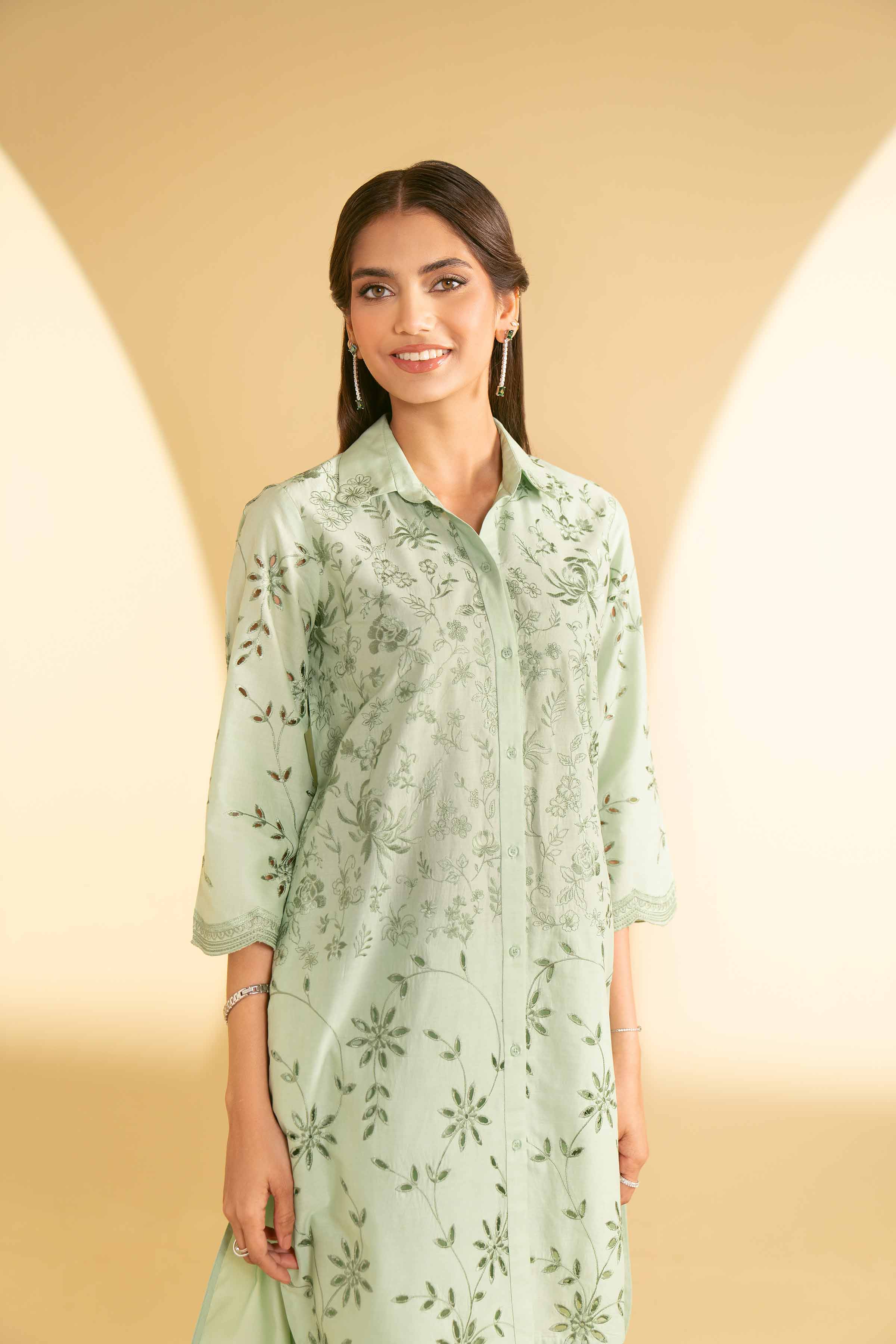 NishatUK - Green Embroidered   Cambric 2-piece ready to wear Luxury Dress