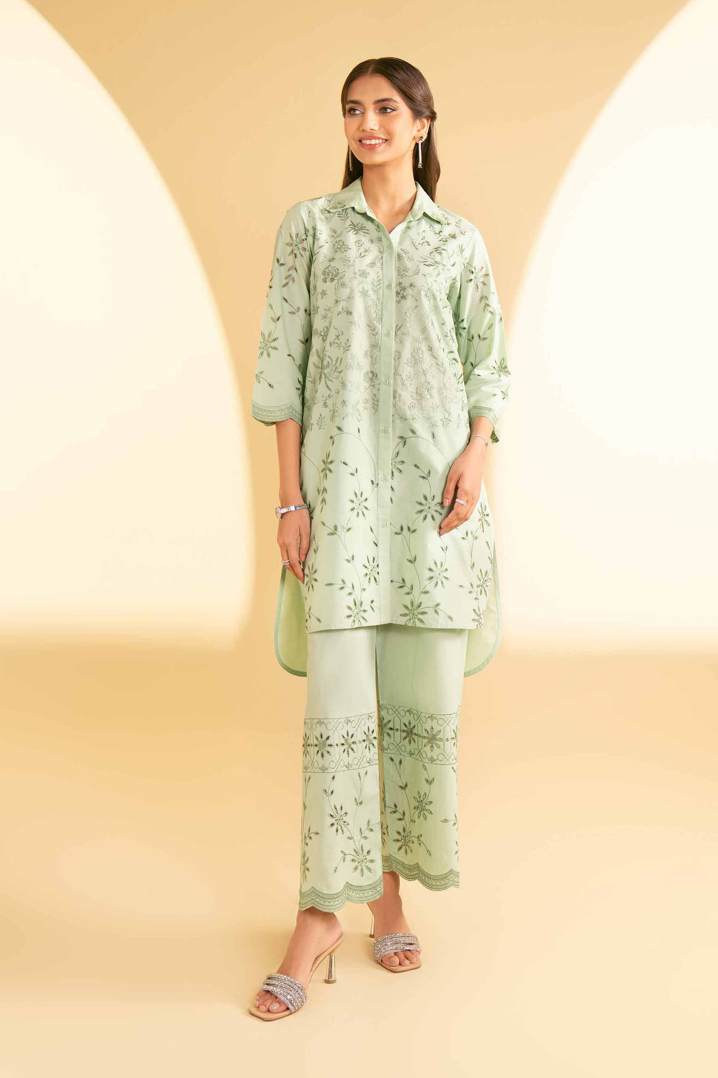 NishatUK - Green Embroidered   Cambric 2-piece ready to wear Luxury Dress