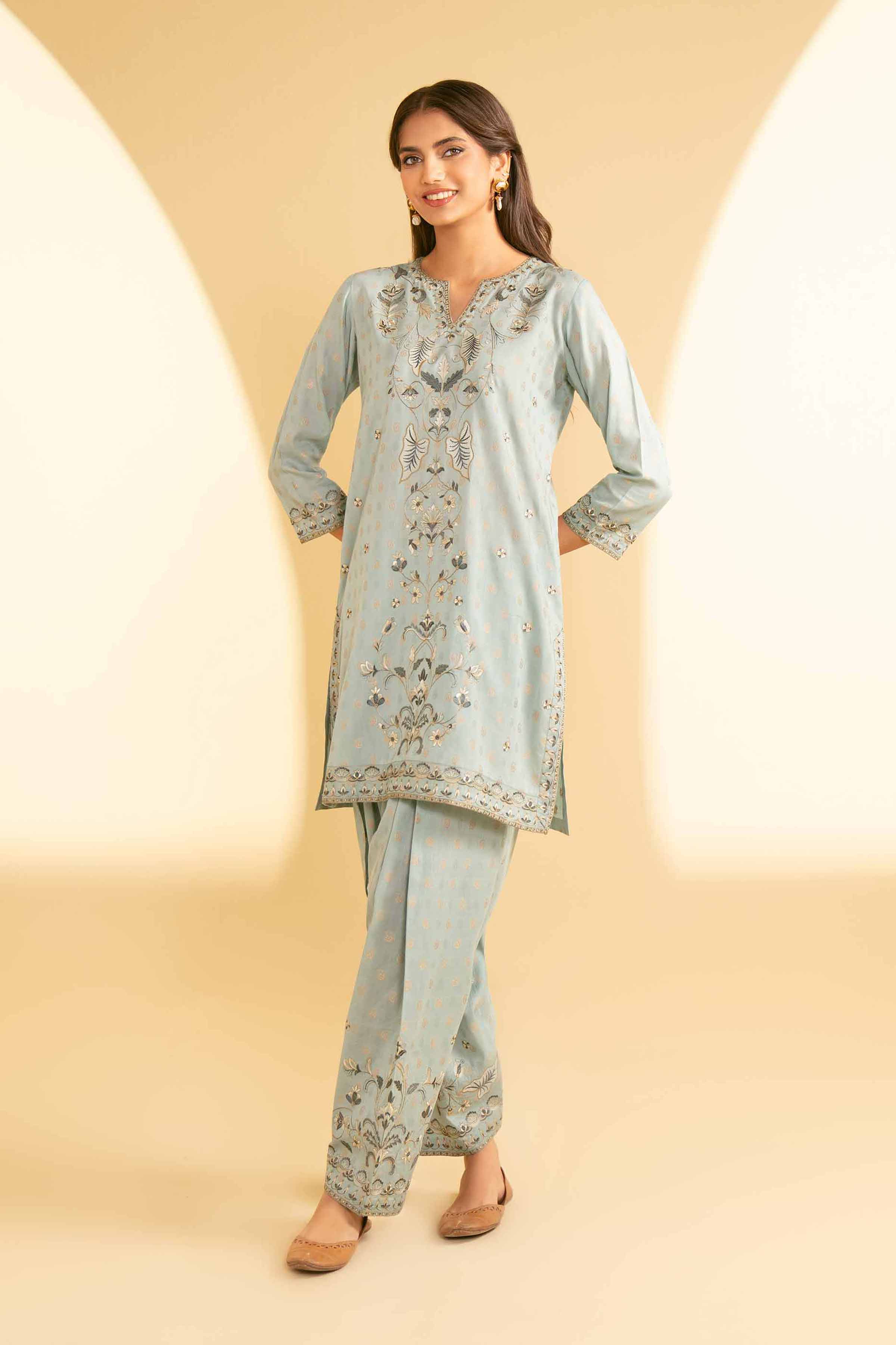 NishatUK - Brown Embroidered  Cotton 2-piece ready to wear Luxury Dress