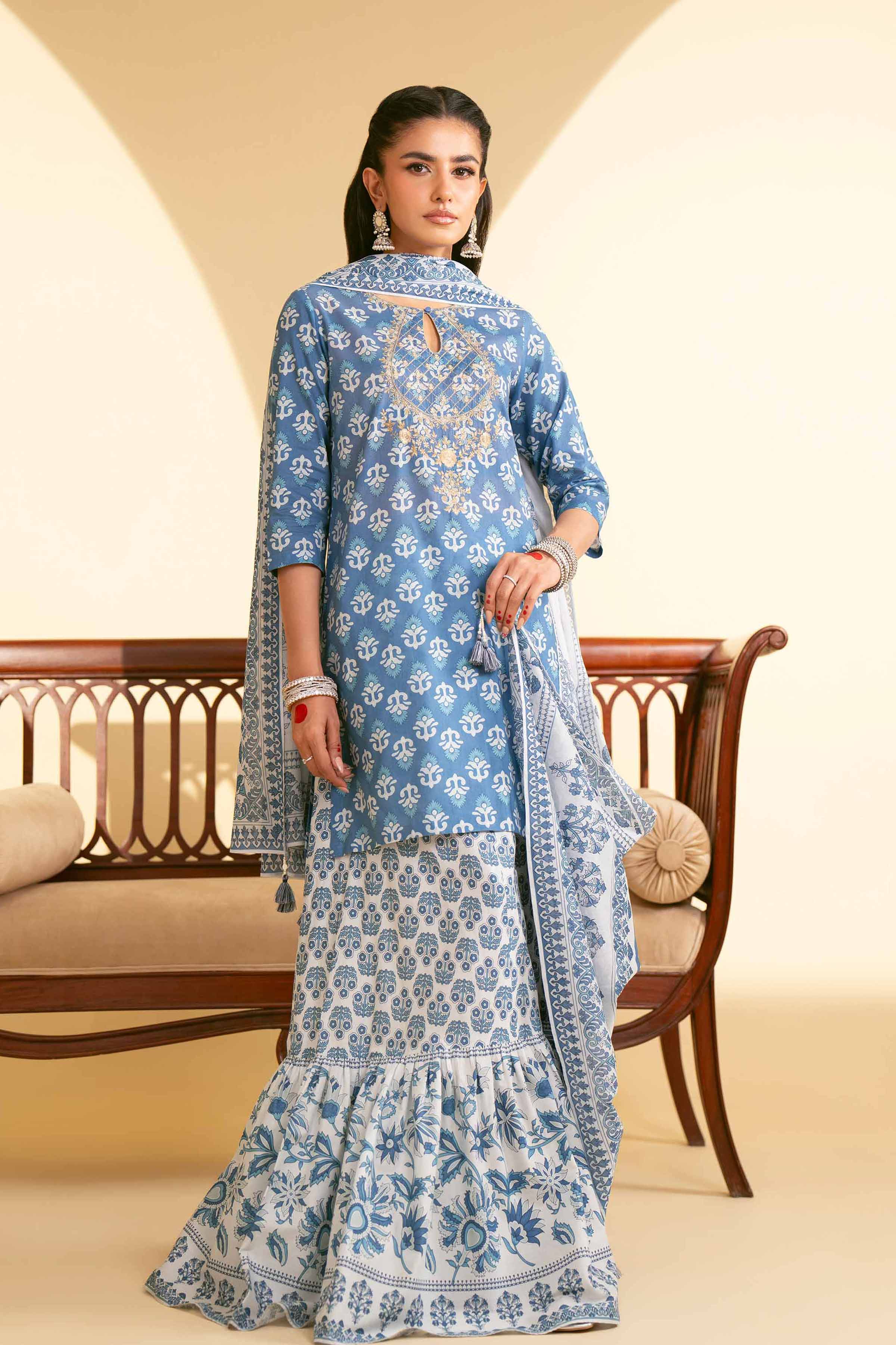 NishatUK - Sky Blue Embroidered   Cambric 3-piece ready to wear Suit