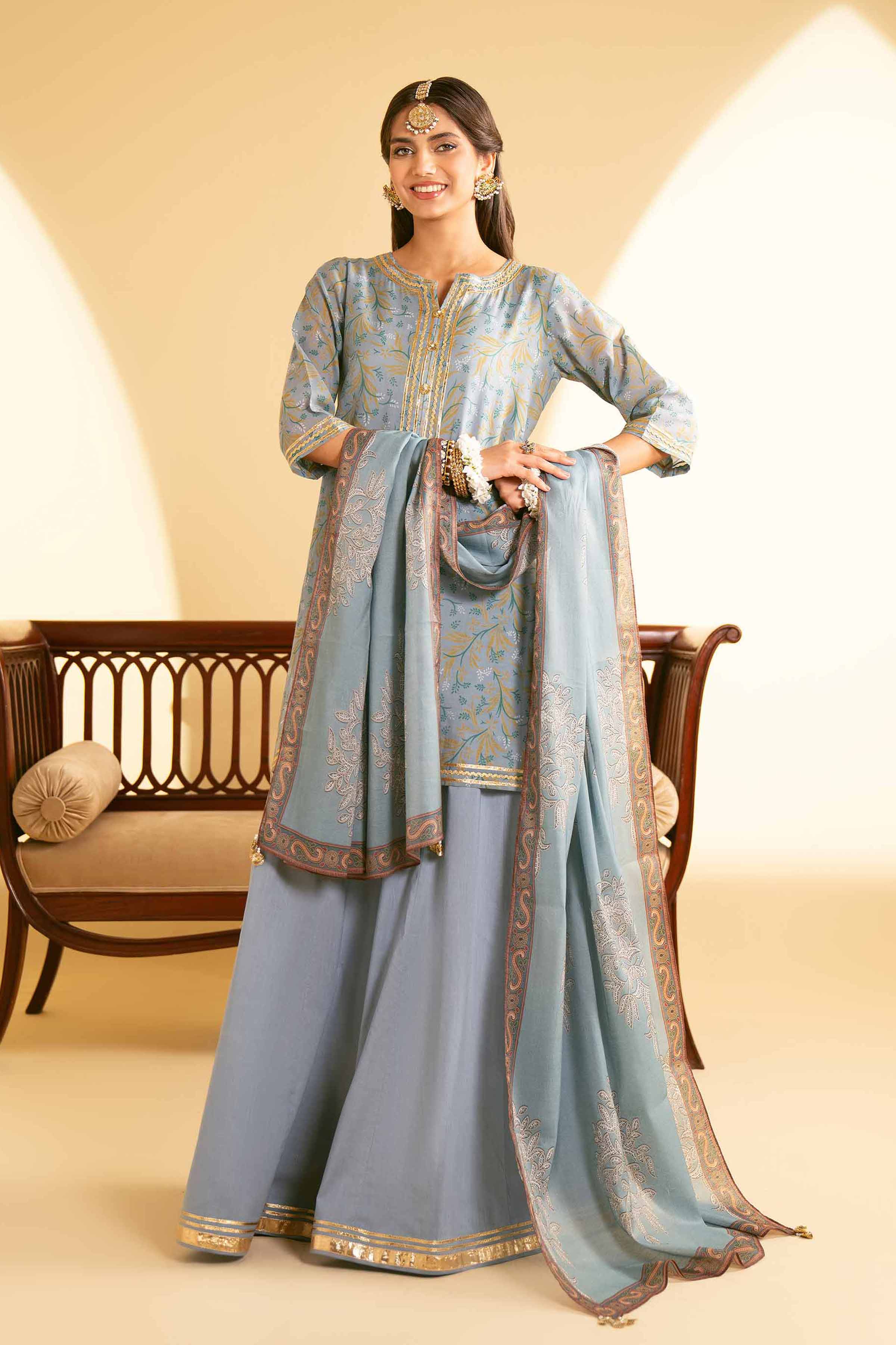 NishatUK - Blue Embroidered  Lawn 3-piece ready to wear Suit