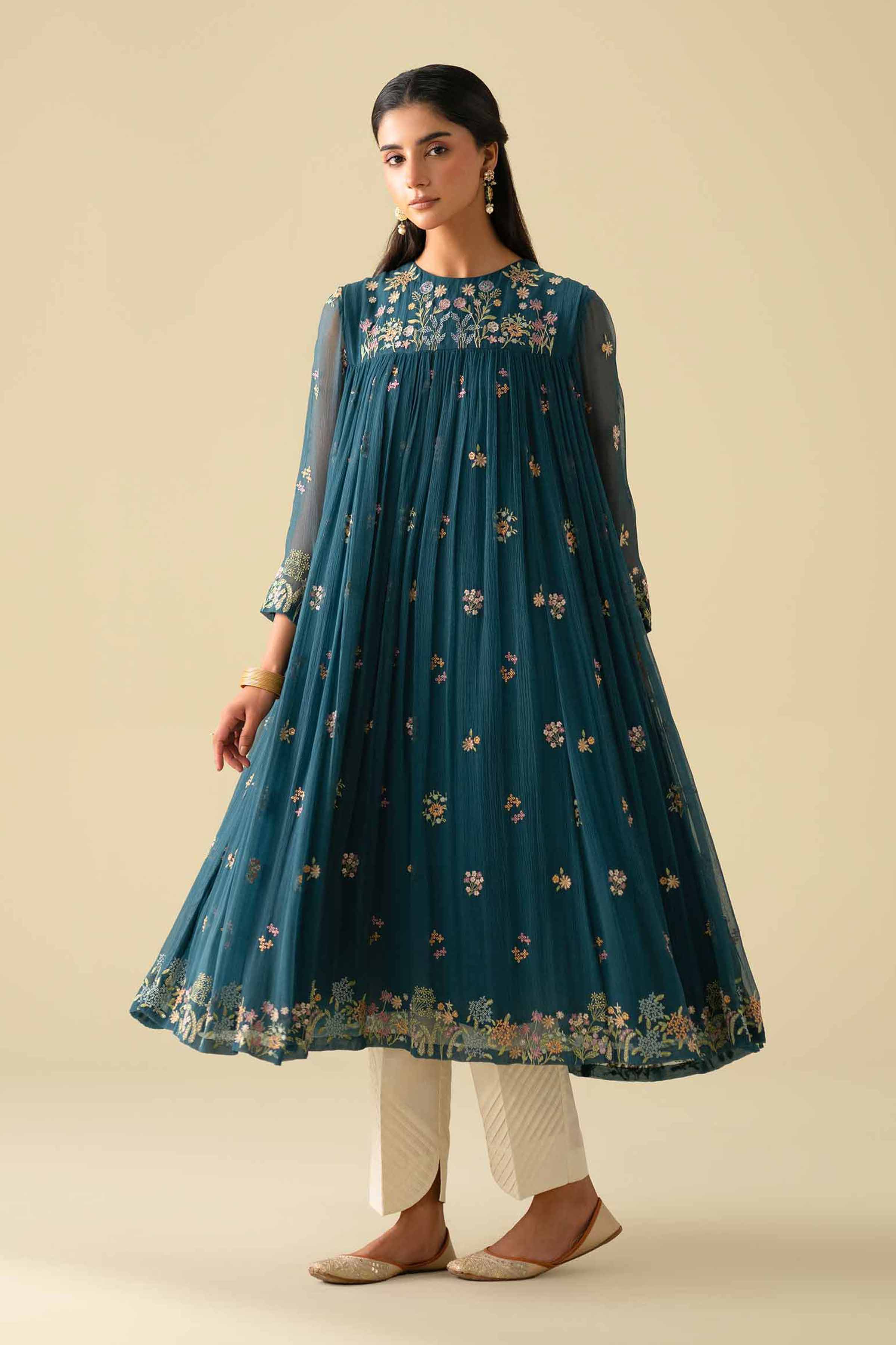 NishatUK - Blue Embroidered Chiffon 1-piece ready to wear luxury Dress