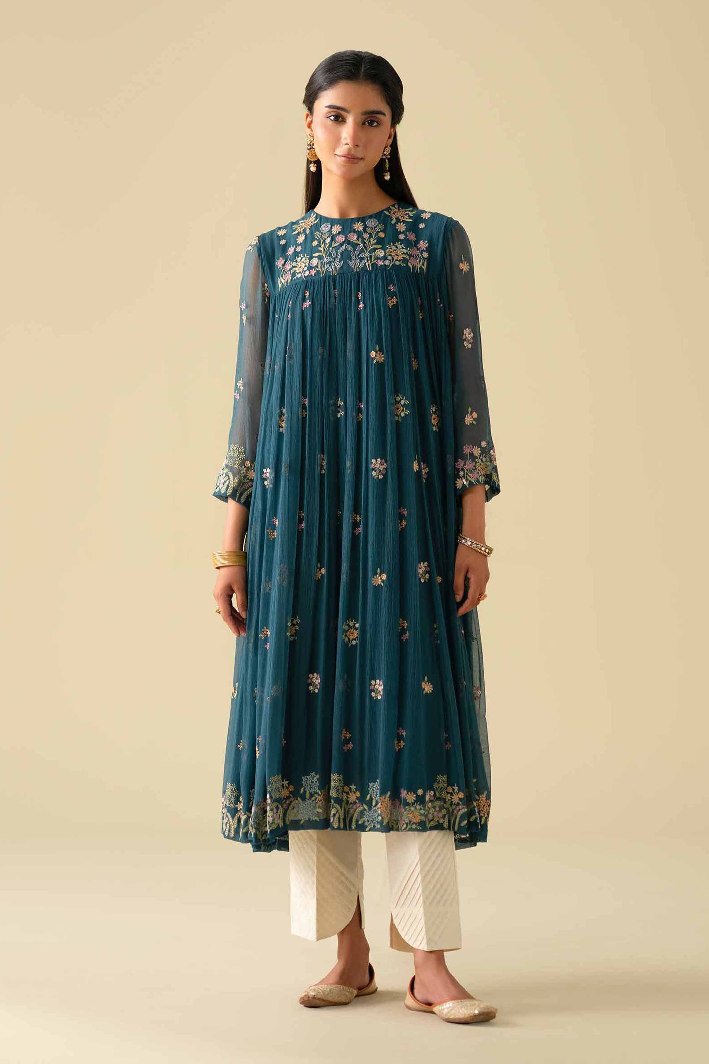 NishatUK - Blue Embroidered Chiffon 1-piece ready to wear luxury Dress