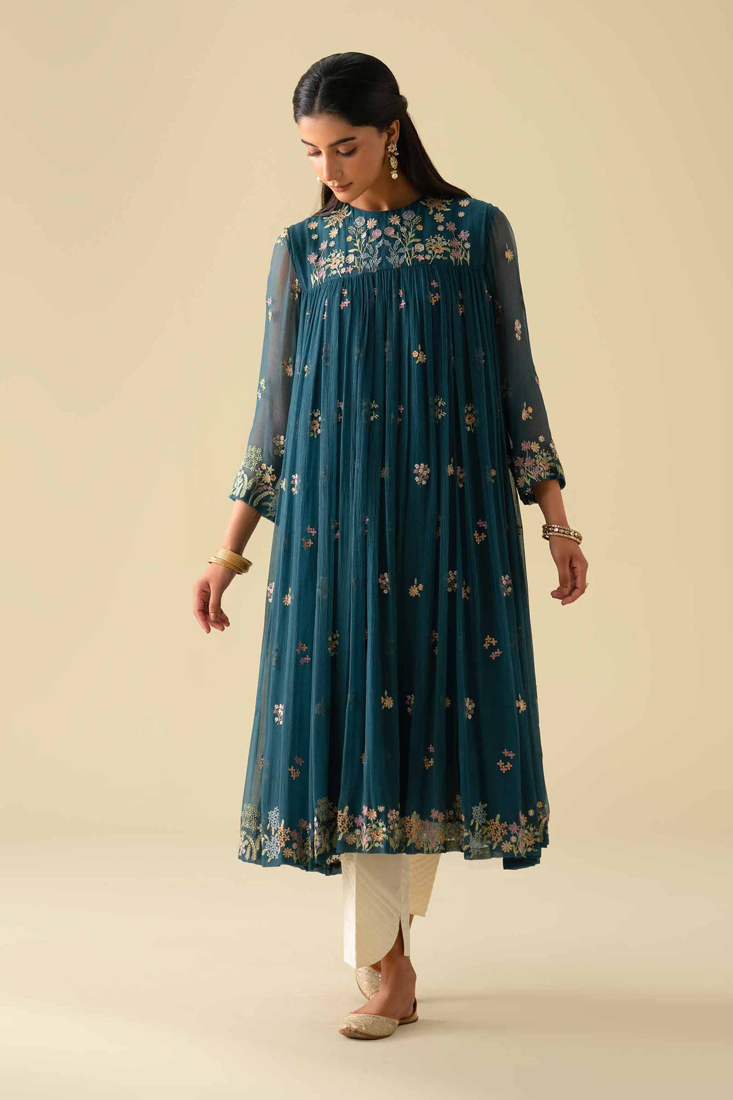 NishatUK - Blue Embroidered Chiffon 1-piece ready to wear luxury Dress