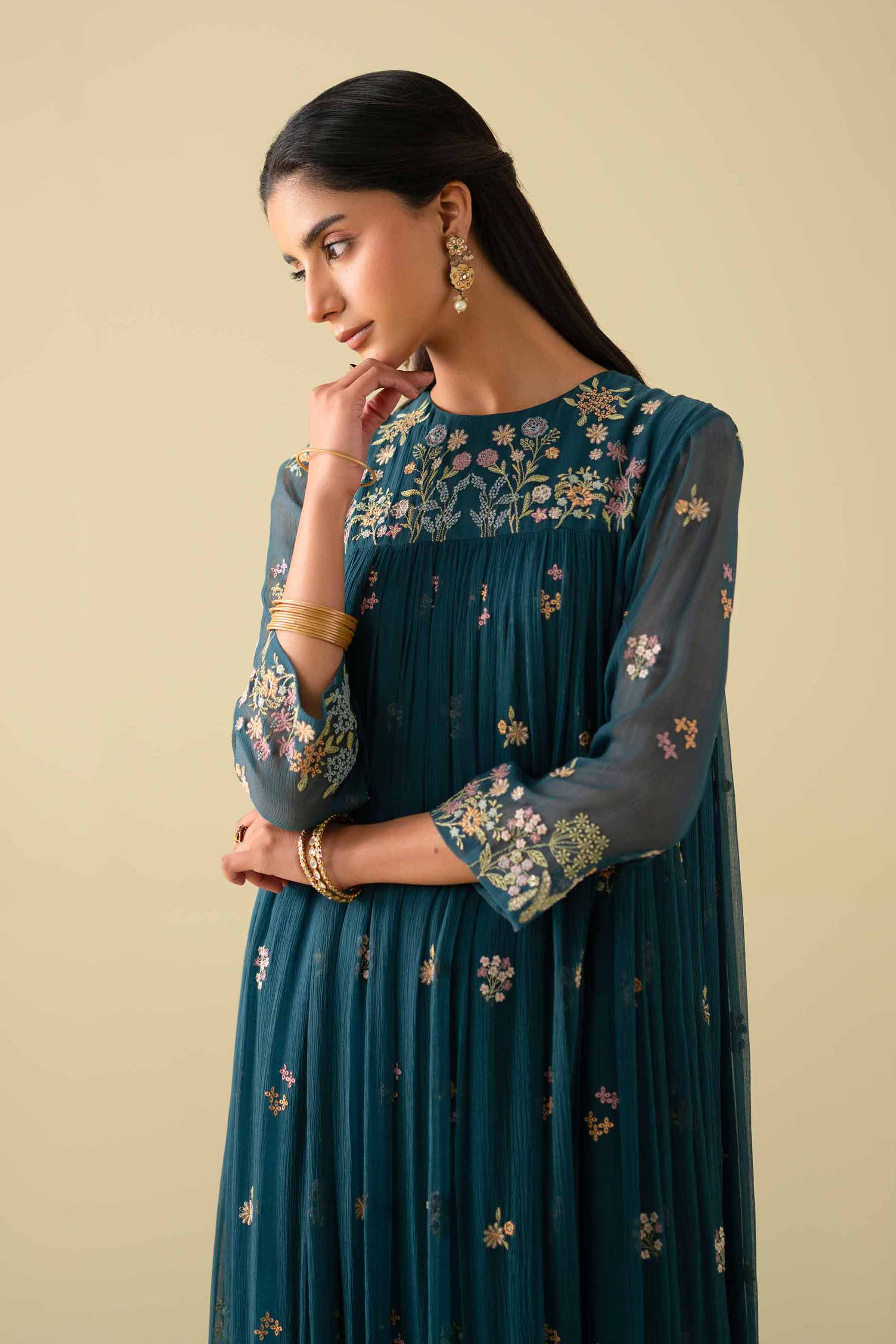 NishatUK - Blue Embroidered Chiffon 1-piece ready to wear luxury Dress