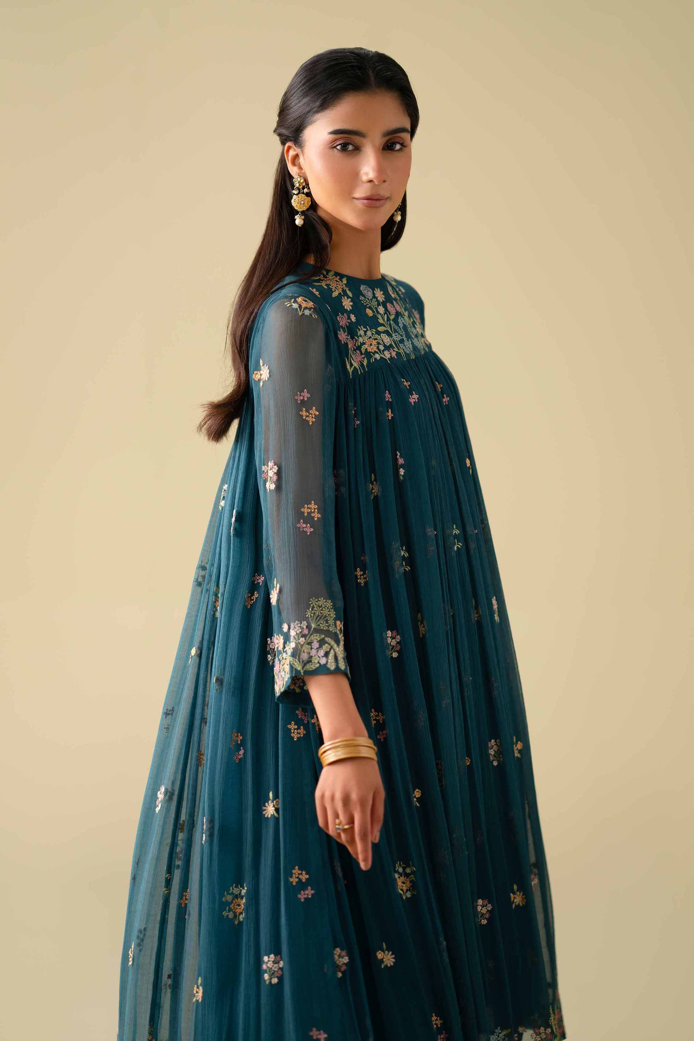 NishatUK - Blue Embroidered Chiffon 1-piece ready to wear luxury Dress