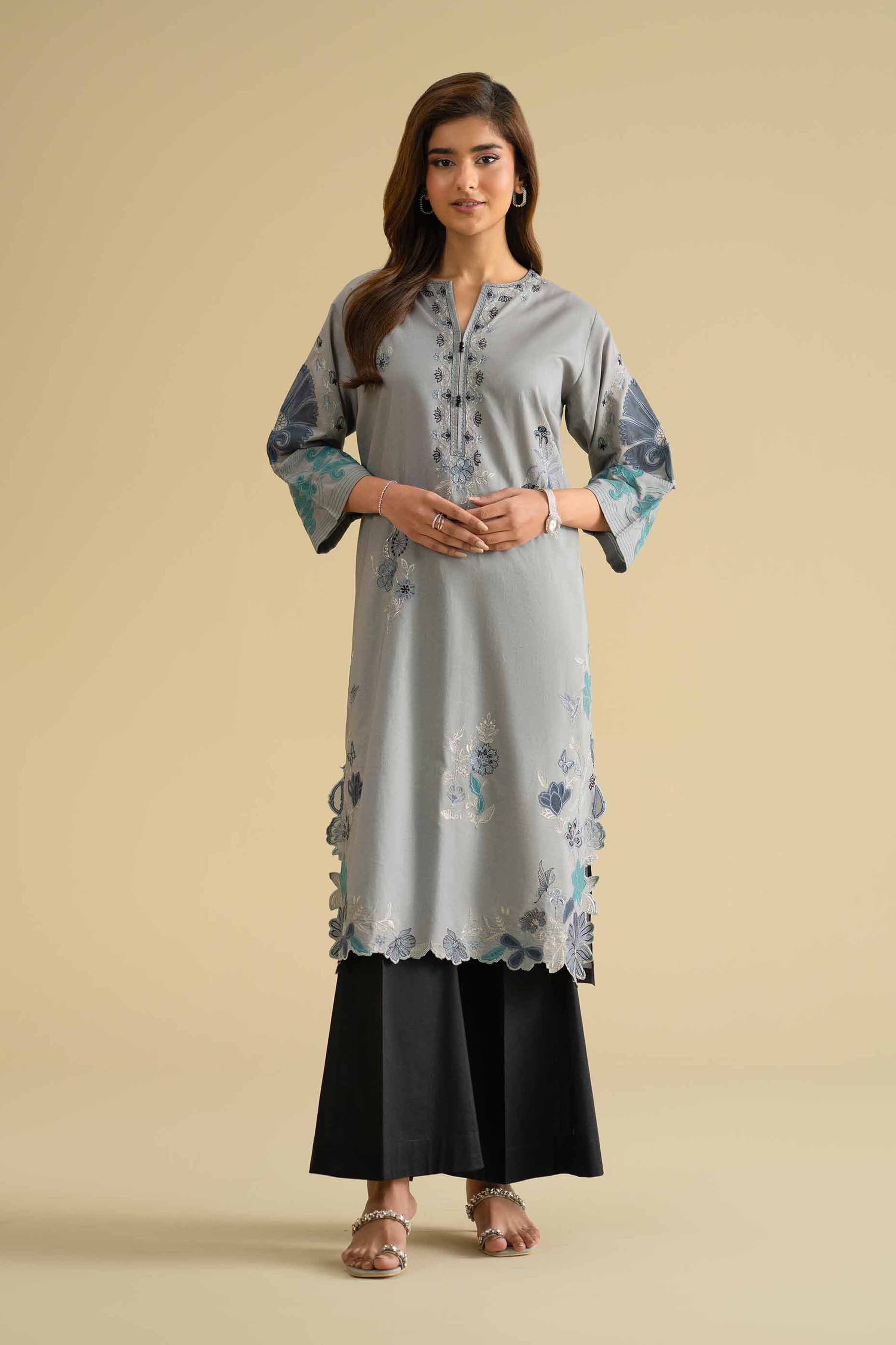 Nishat UK - Grey Embroidered Cambric 1 Piece ready to wear luxury Shirt