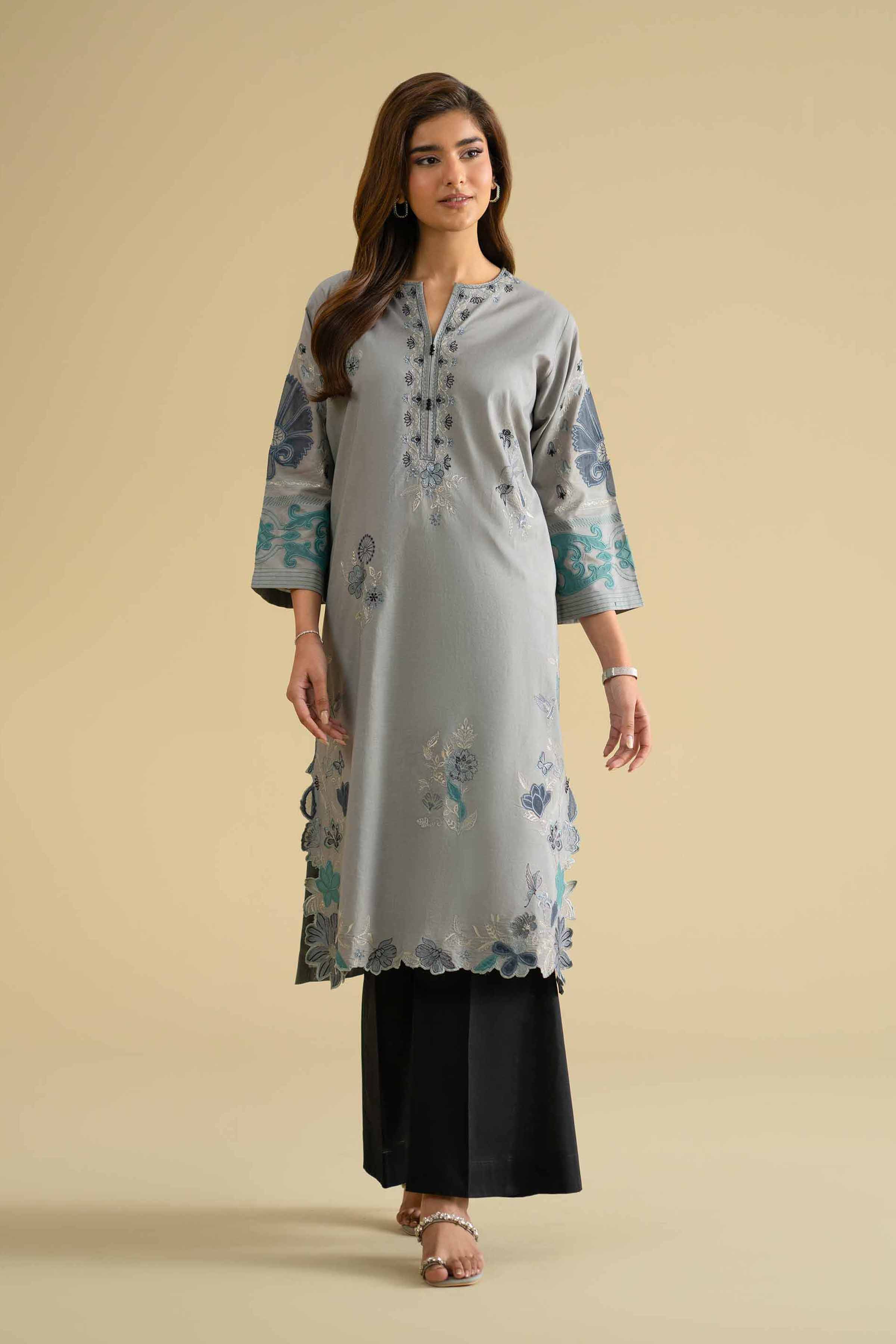 Nishat UK - Grey Embroidered Cambric 1 Piece ready to wear luxury Shirt